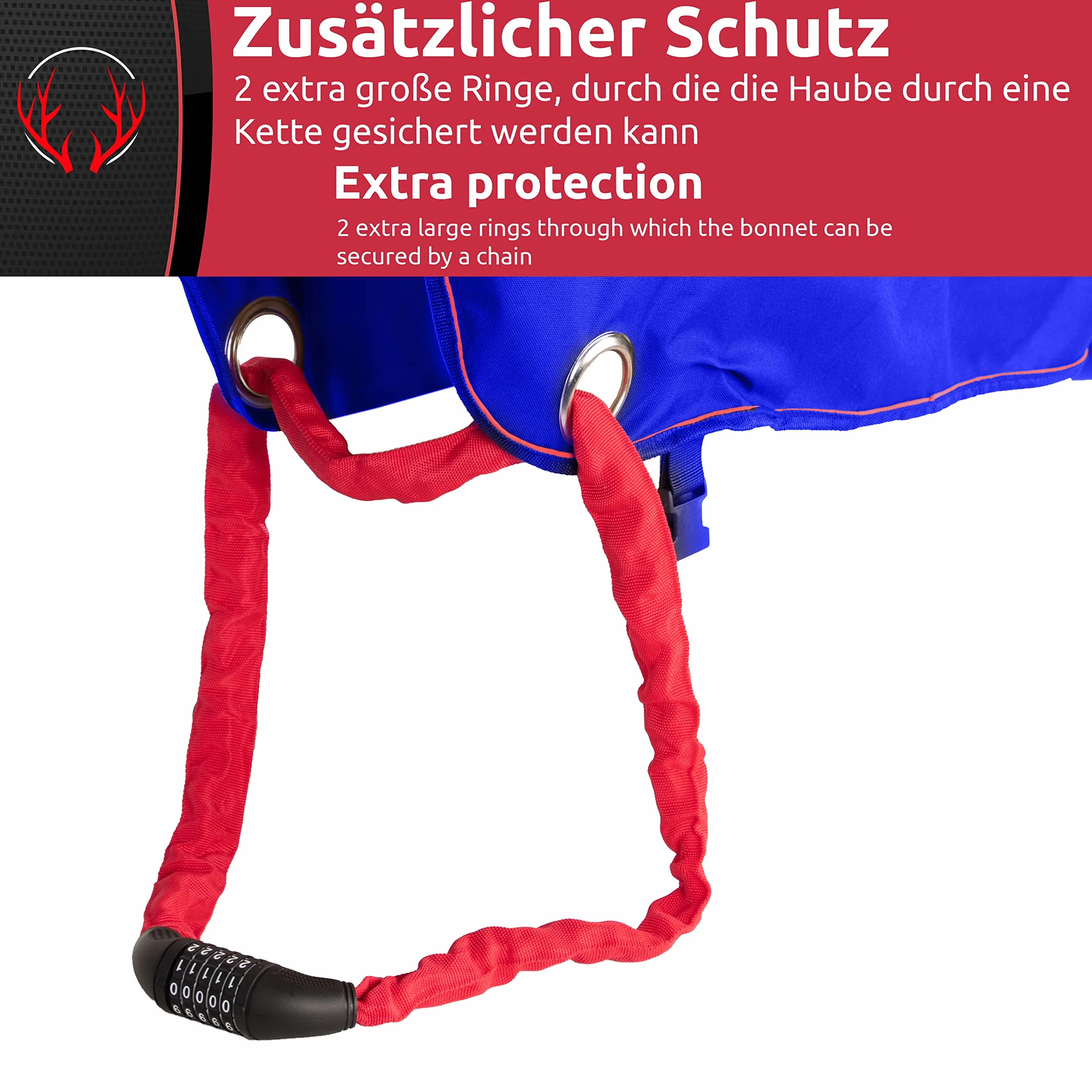 BUSHBOCK® Osłona na dyszel premium z materiału Oxford 600D z powłoką PU i reflektorami. Uniwersalna osłona dyszla - również do przyczep kempingowych/przyczep ze sprzęgłem zapobiegającym i zamkiem skrzynkowym (niebieska)