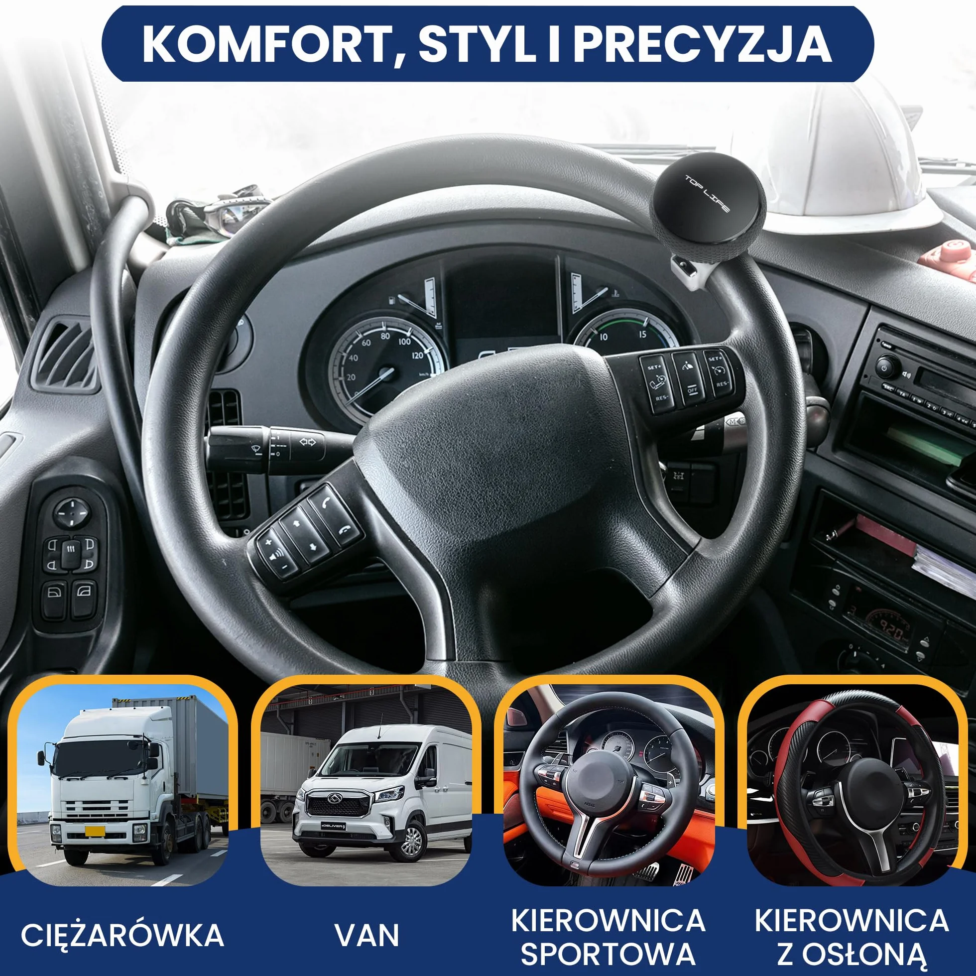 Gałka kierownicy ciężarówki - Specjalne pokrętło XL do grubych kierownic - Lepszy chwyt - do samochodów ciężarowych, dostawczych, lekkich ciężarówek, kierownic sportowych i tuningowych