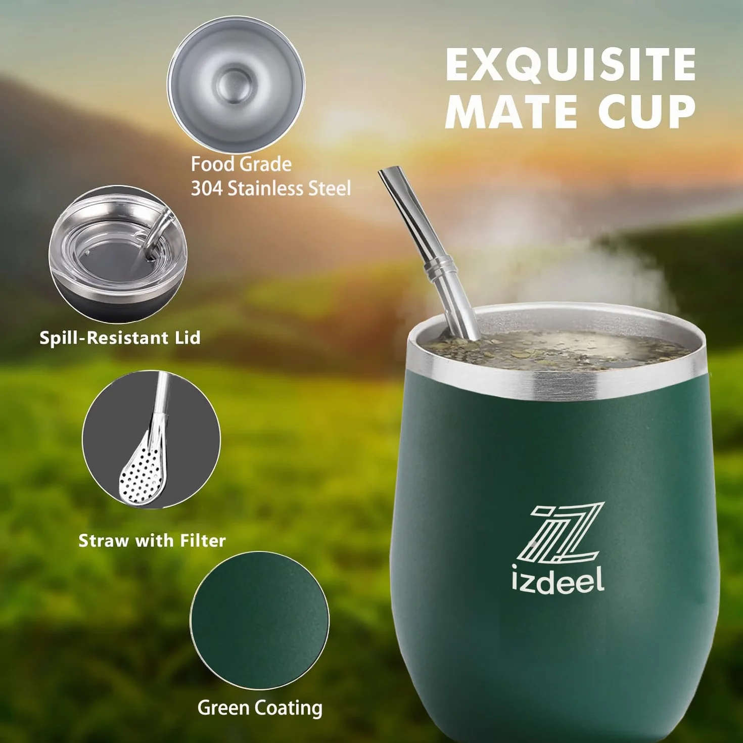 Zestaw kubków i butelek ze stali nierdzewnej Yerba Mate - Podwójna ścianka termiczna 350 ml zielony