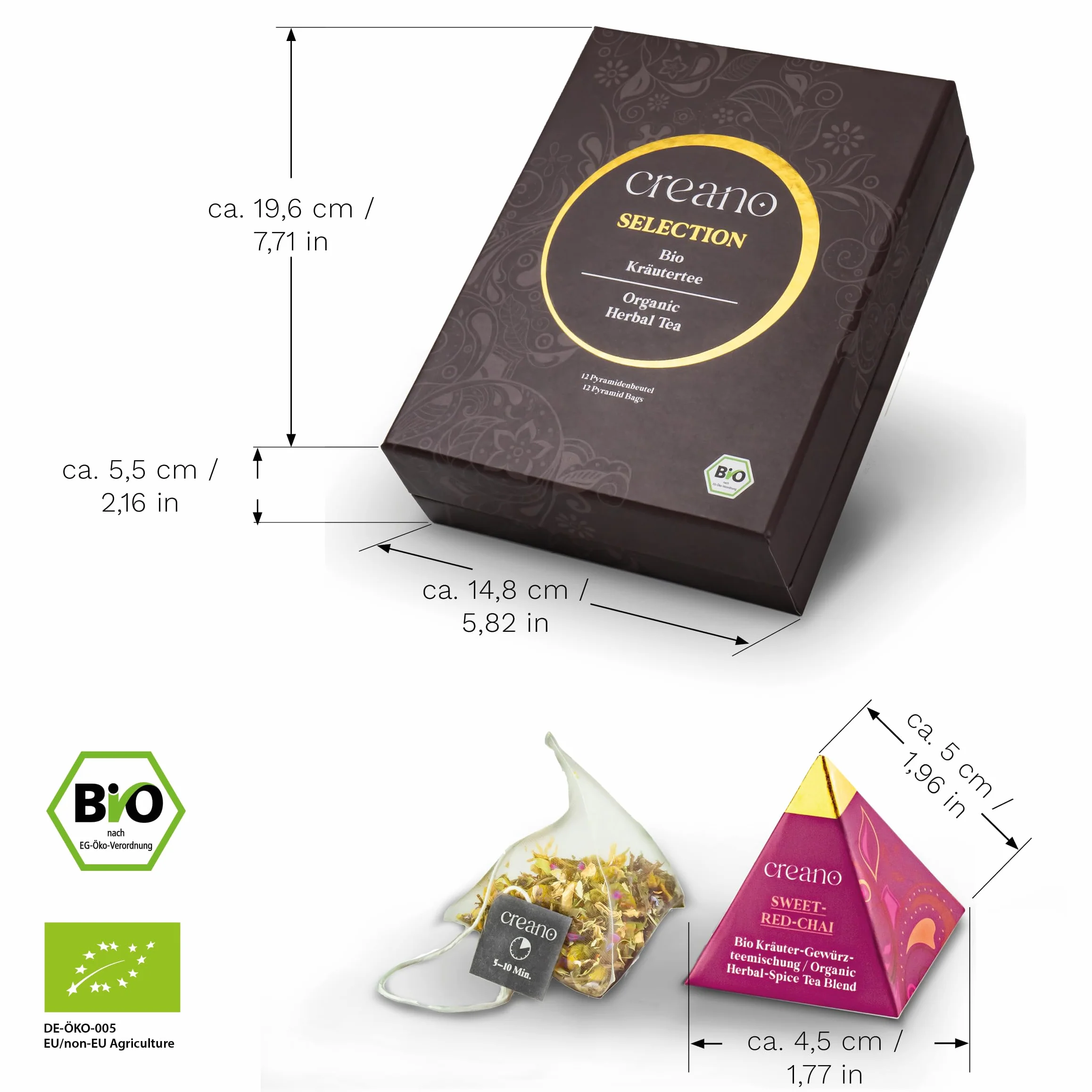 Creano Zestaw upominkowy Bio Premium Pyramide Herbata Herbata Herbata Zielona Herbata z 14 Piramidalnymi saszetkami w 9 różnych odmianach*