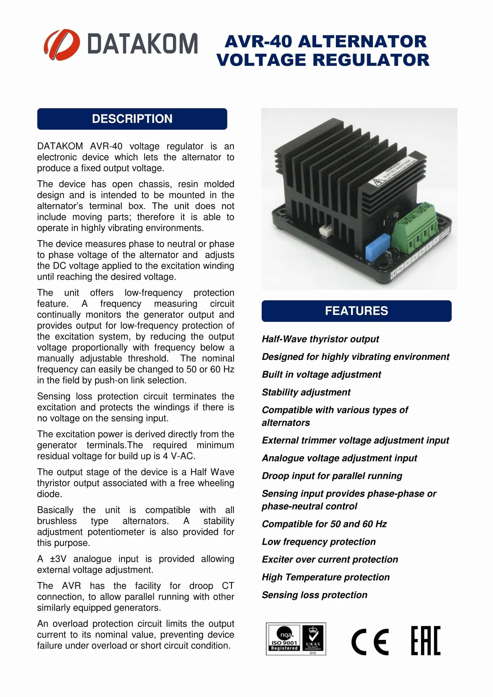 Oryginalny DATAKOM AVR-40 automatyczny regulator napięcia do generatorów ...