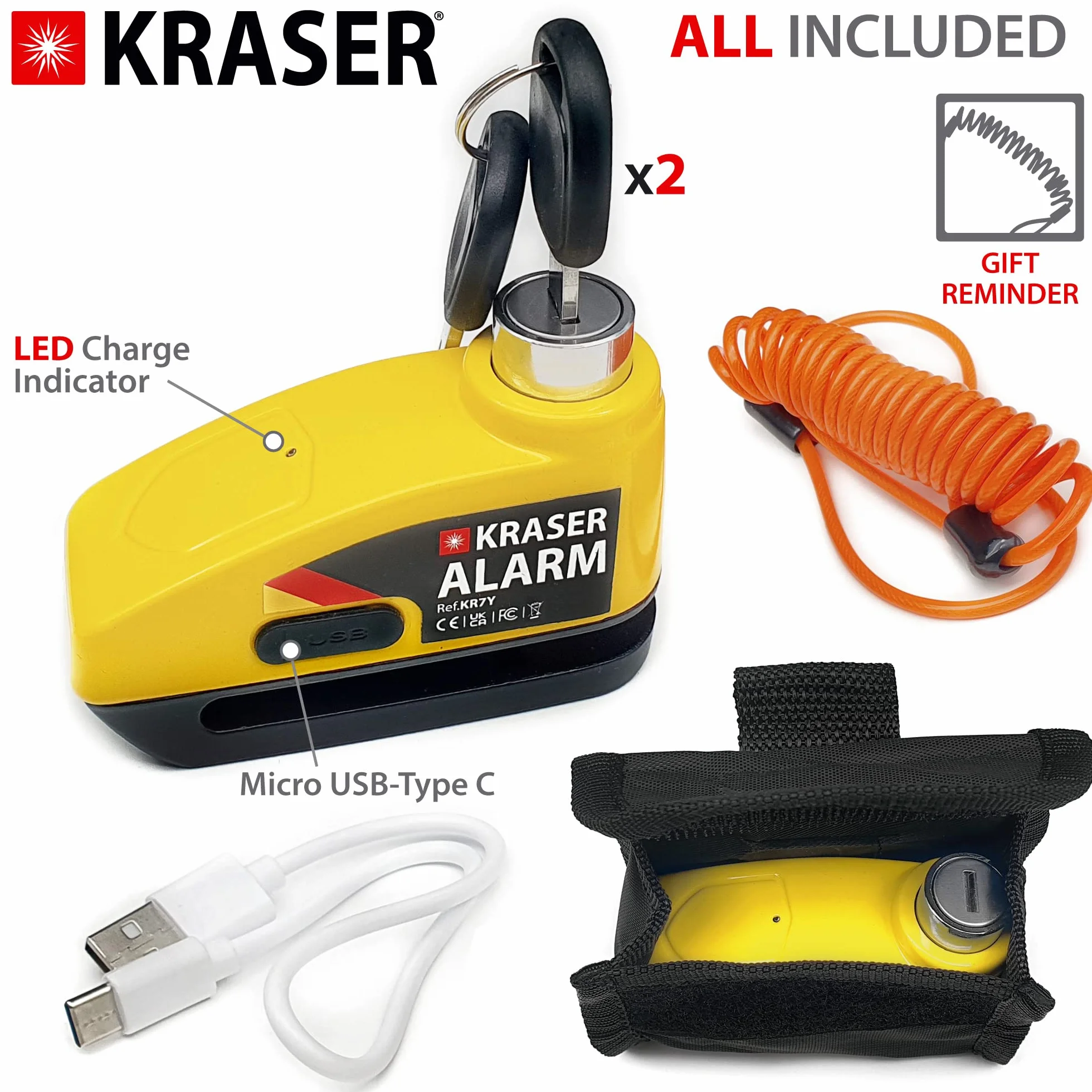 KRASER KR7Y Blokada Tarczy Alarmowej Akumulator, Zabezpieczenie przed Kradzieżą Hamulec Motocyklowy DiscLock, Kabel USB Ładowanie Baterii, Blokada Wciskana Pin ř7mm Bezpieczeństwo, Alarm 110 dB Skuter