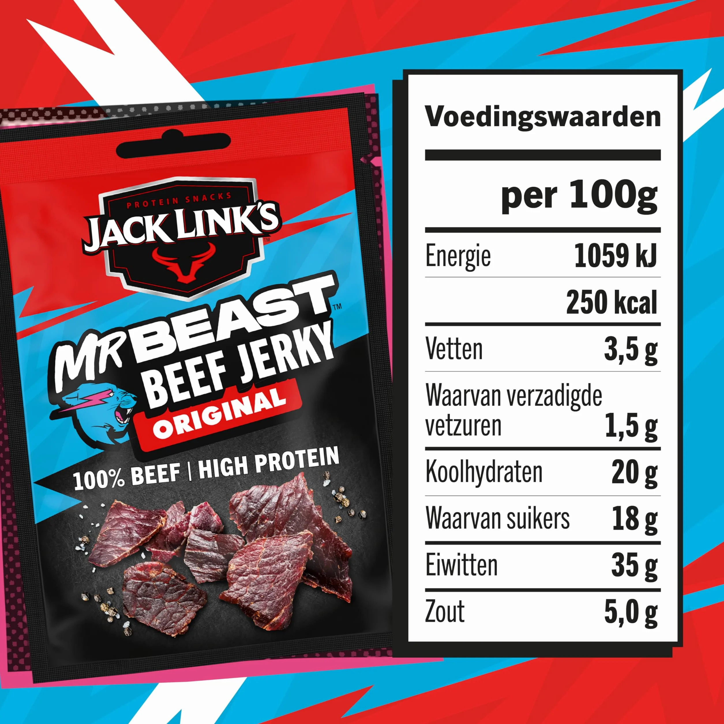 Jack Link's Beef Jerky Suszone Mięso Wołowe, Wysokobiałkowa Przekąska, Karton 12 x 25 g
