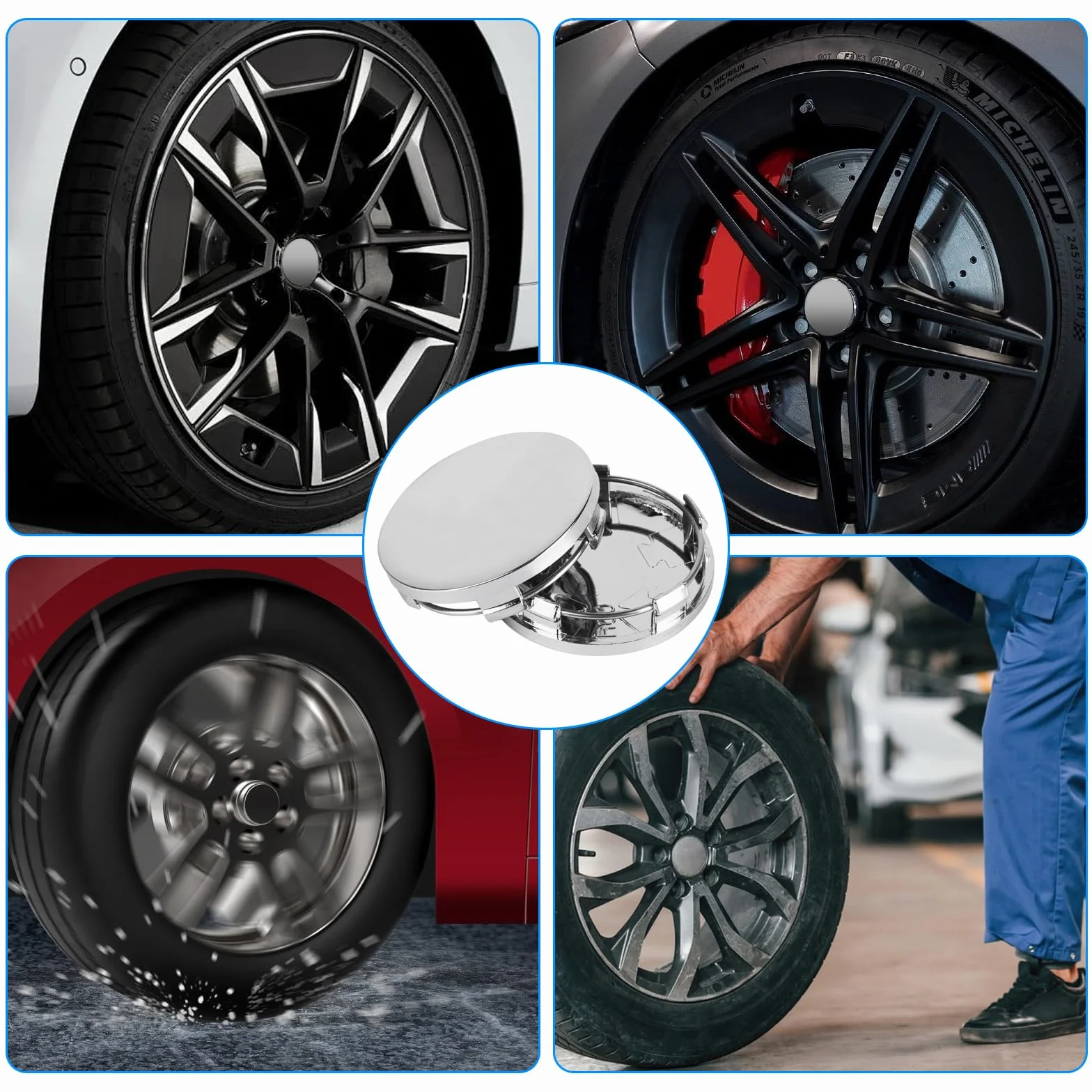 4 sztuki kołpaków 60 mm, uniwersalne nakładki na piasty kół, kołpaki do felg, ABS, srebrne, kompatybilne z VW Audi, akcesoria samochodowe (OD 60 mm, ID 56 mm)