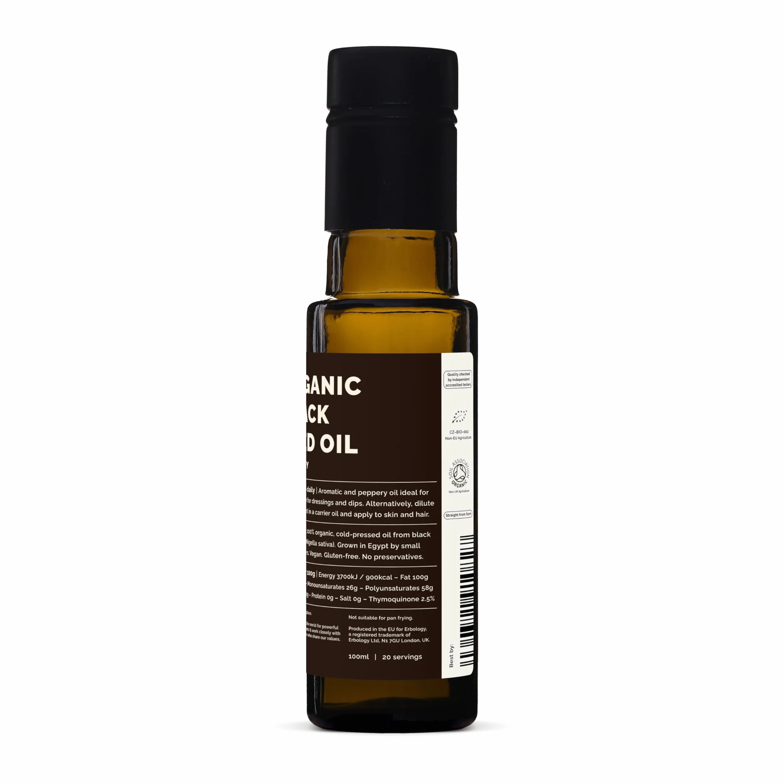Erbology Organiczny olej z czarnych nasion 100 ml – Nigelle sativa – tłoczony na zimno – ponad 2,5% tymochinonu – wspomaga zdrowie układu pokarmowego i odporność – bez GMO – bez dodatków i