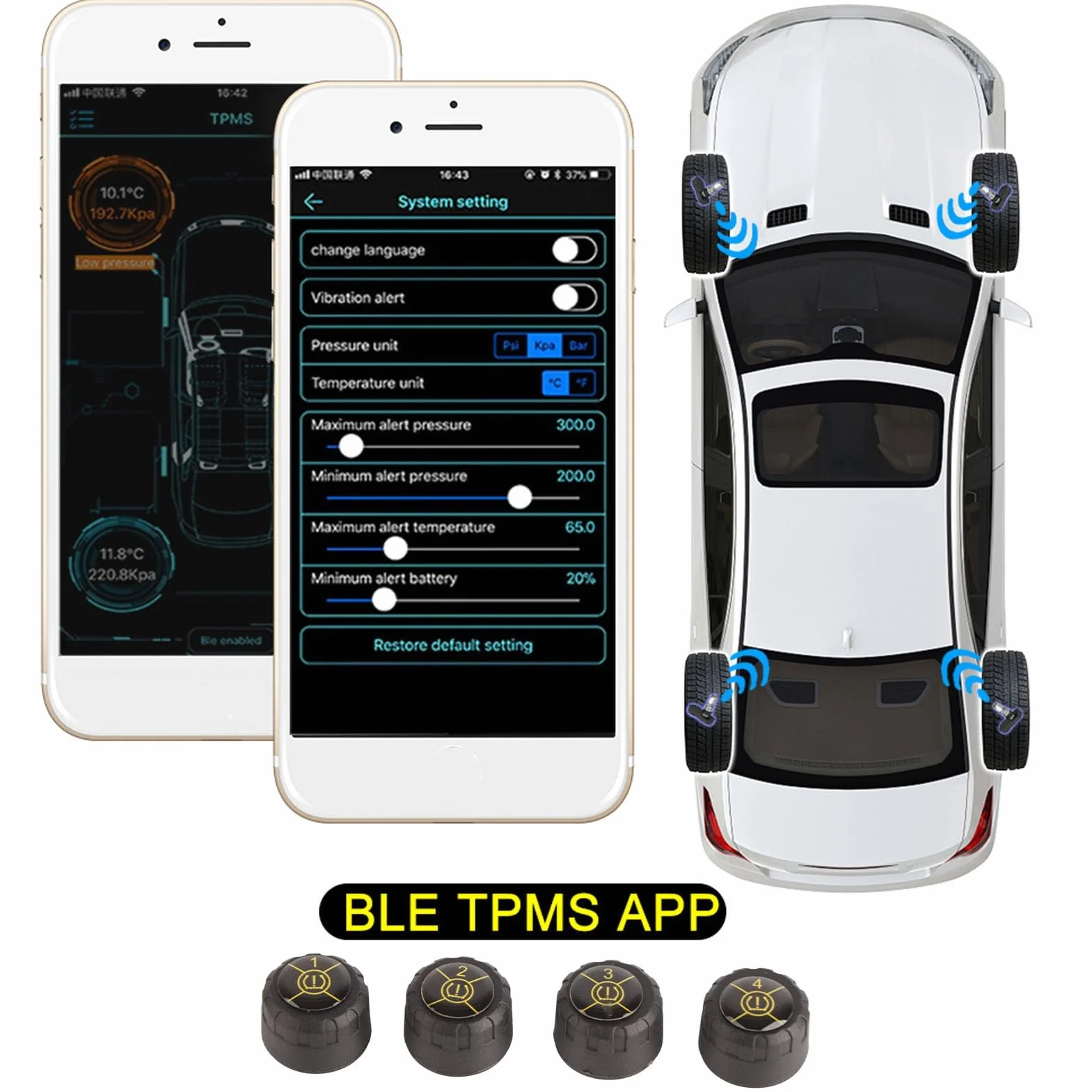 Czujnik ciśnienia w oponach Bluetooth 5.0, monitorowanie ciśnienia w oponach (TPMS) monitorowanie w czasie rzeczywistym, kompatybilny z systemem Android i iOS, wodoszczelność IP67
