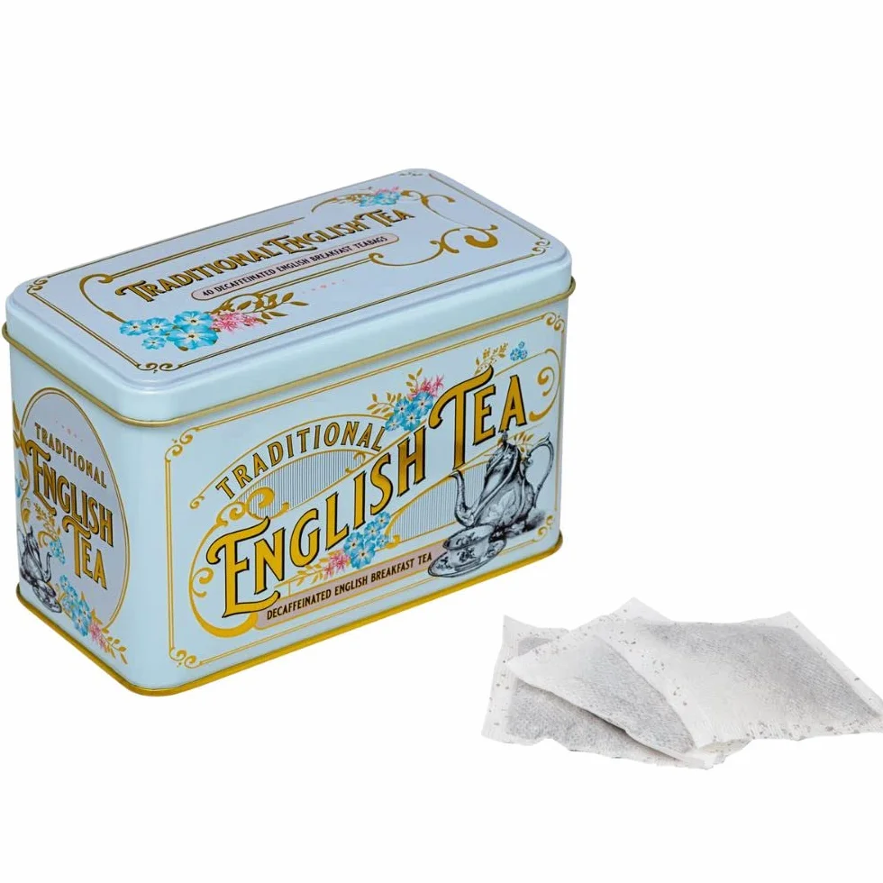 New English Teas Vintage wiktoriański Power Blue pojemnik na herbatę z 40 bezkofeinowymi angielskimi herbatami śniadaniowymi
