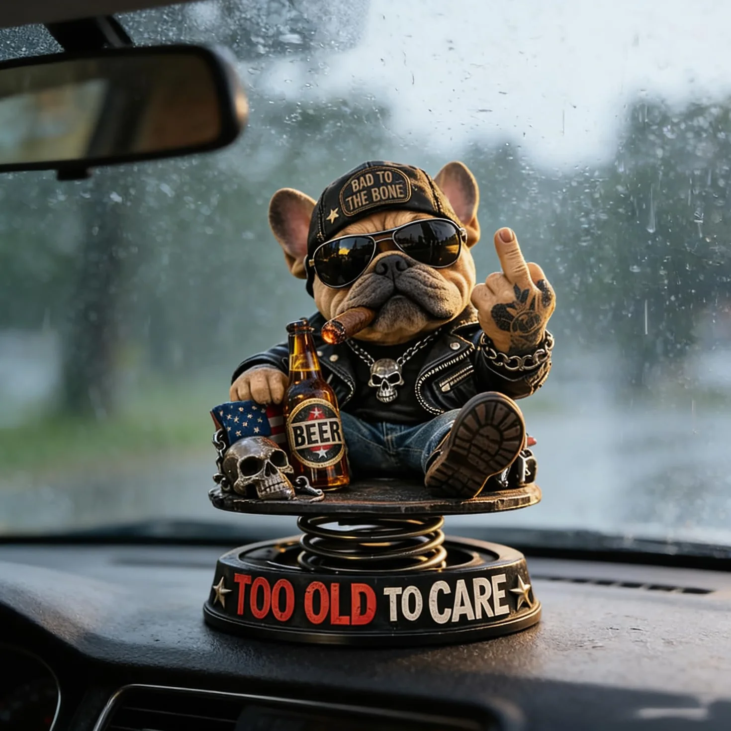 Too Old to Care Dashboard Bobblehead, dekoracja deski rozdzielczej buldog środkowy palec