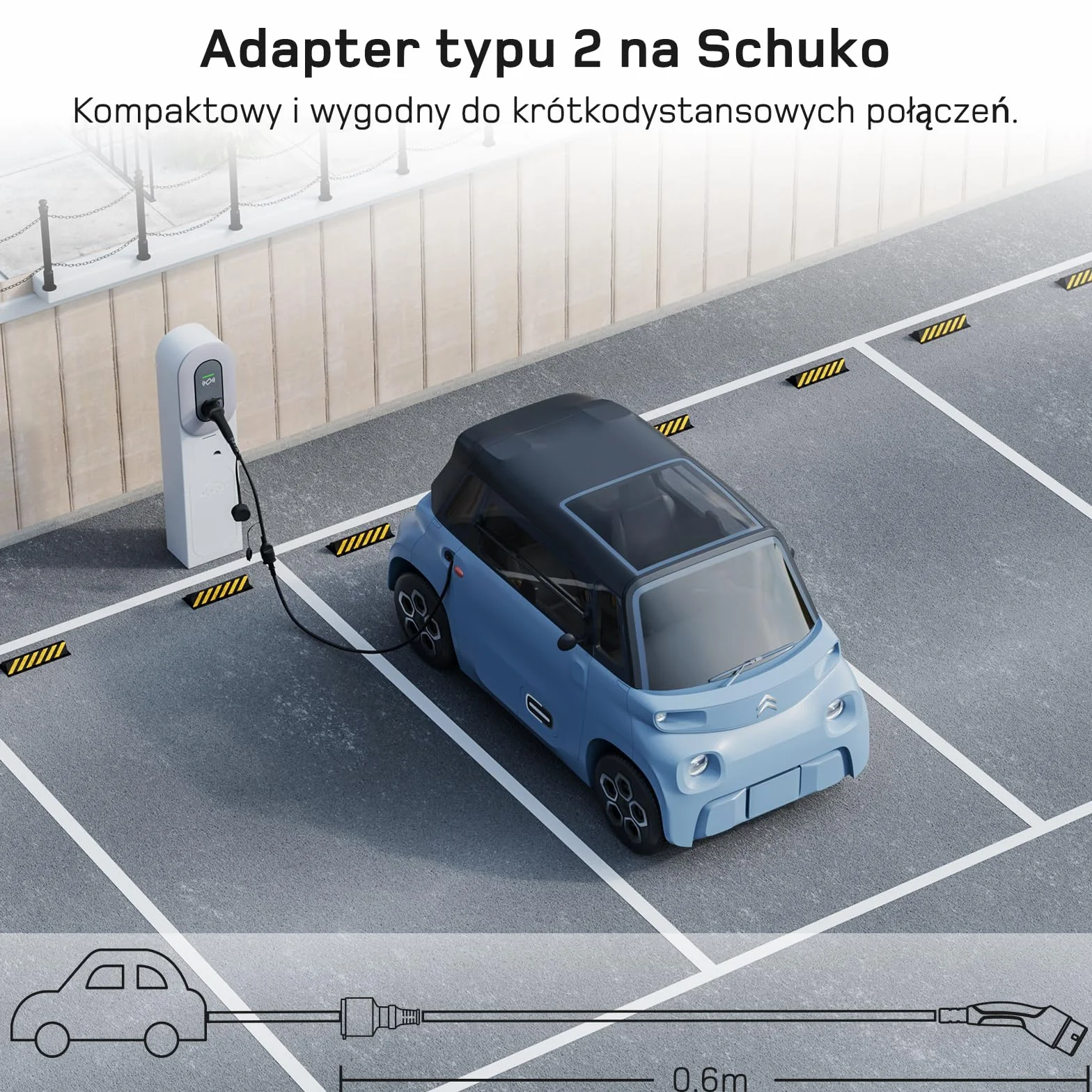 Adapter typu 2 na Schuko [0,6m 16A] do ładowania samochodów elektrycznych, AMI, e-rowerów, e-skuterów, e-motocykli na stacjach ładowania/skrzynkach ściennych | Nie dla V2L