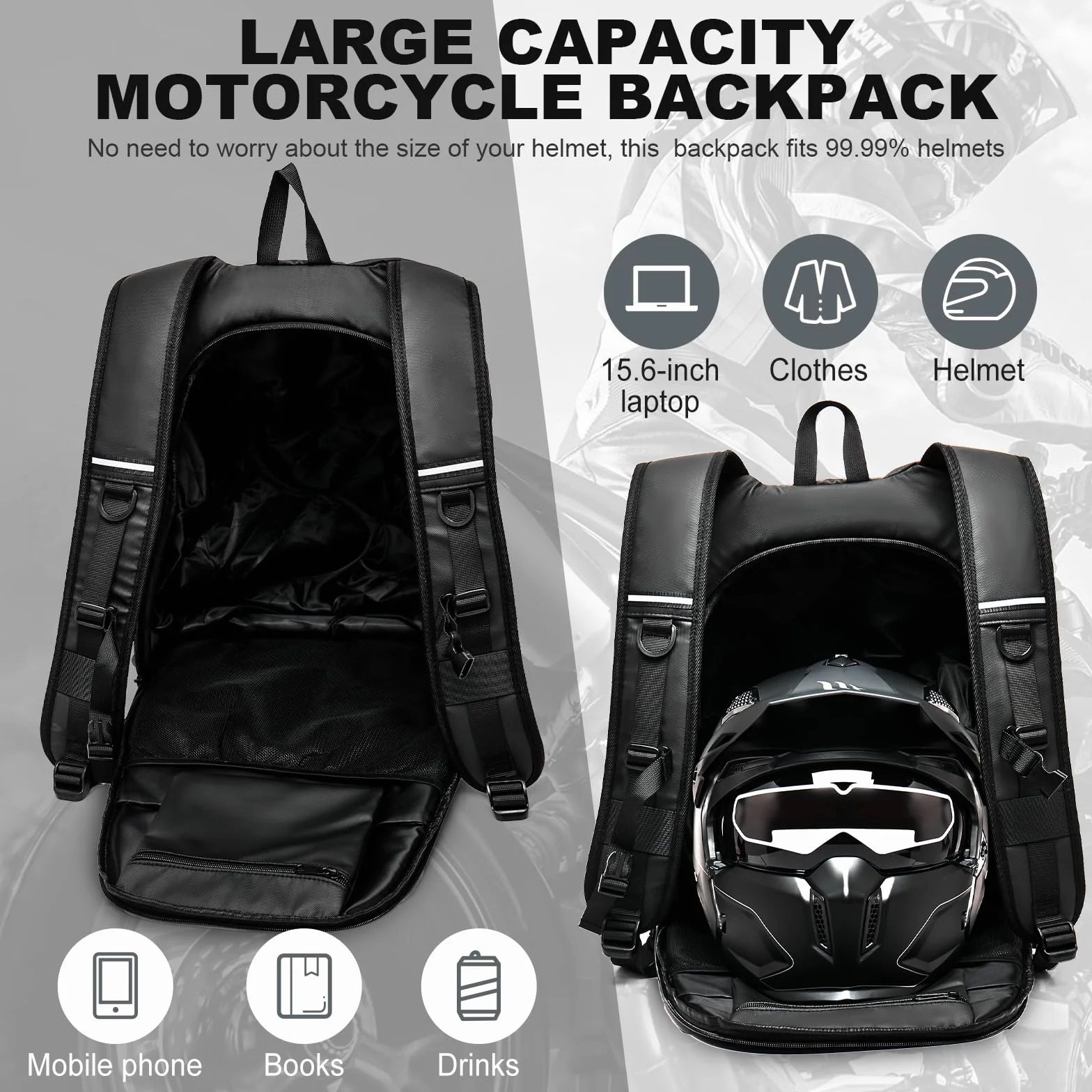 Plecak na Kask Motocyklowy dla Mężczyzn Kobiet Plecak Motocyklowy Torba na Kask Motocyklowy Wodoodporna Plecaki Motocyklowe Plecak na Kask Jeździecki Motorcycle Helmet Holder Case,Czarny L