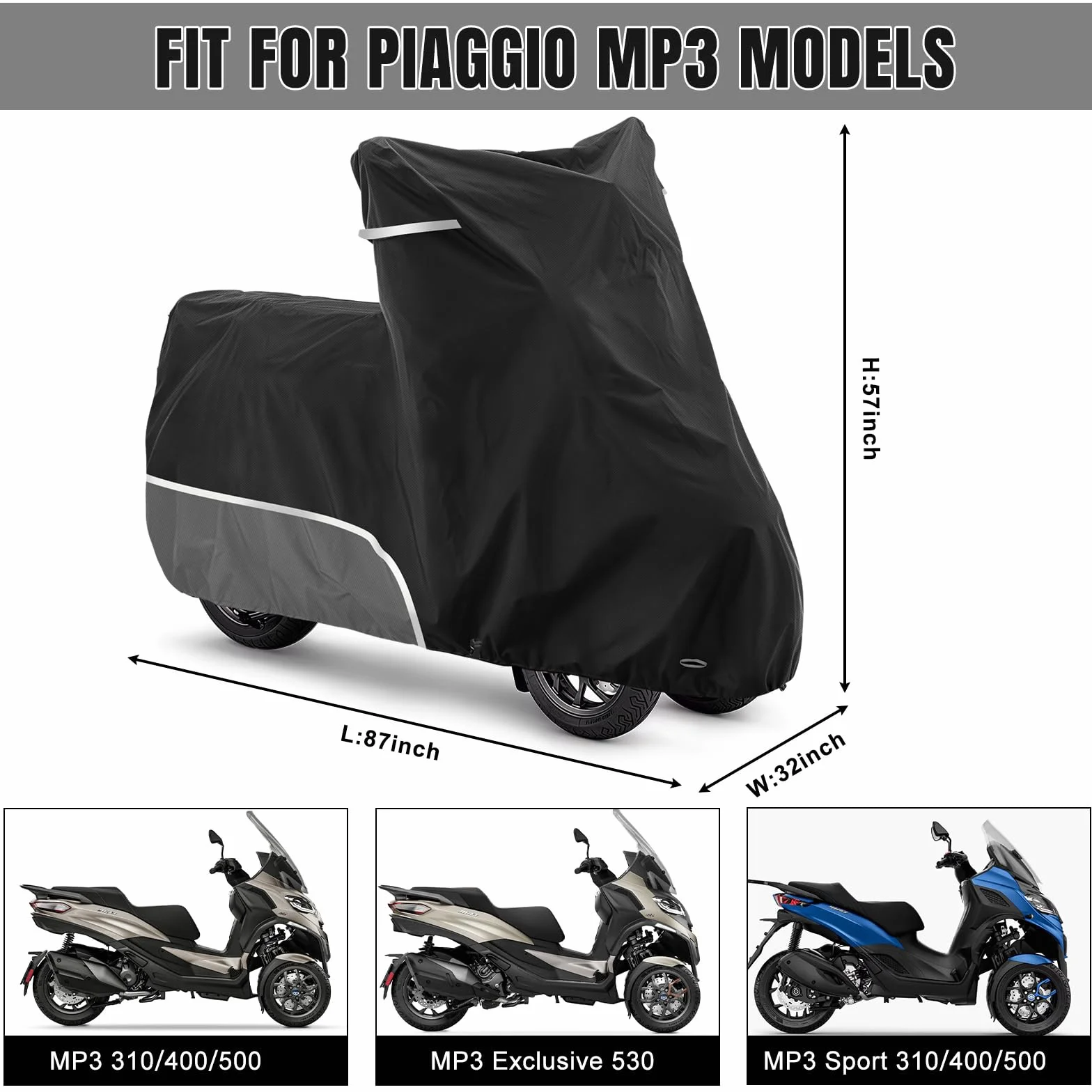 Pokrowiec na motocykl, do użytku na zewnątrz, wodoszczelny i odporny na warunki zimowe, tkanina Oxford 420D, pasuje do Piaggio MP3 250/310/300/350/400/500/530 (szary)