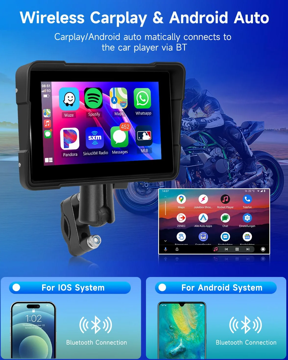 Rimoody Carplay bezprzewodowy ekran Carplay i Android Auto Display do motocykli, 5 cali, radio samochodowe do motocykli z Airplay/Android Cast/Dual Bluetooth/nawigacja/wodoszczelność IP67