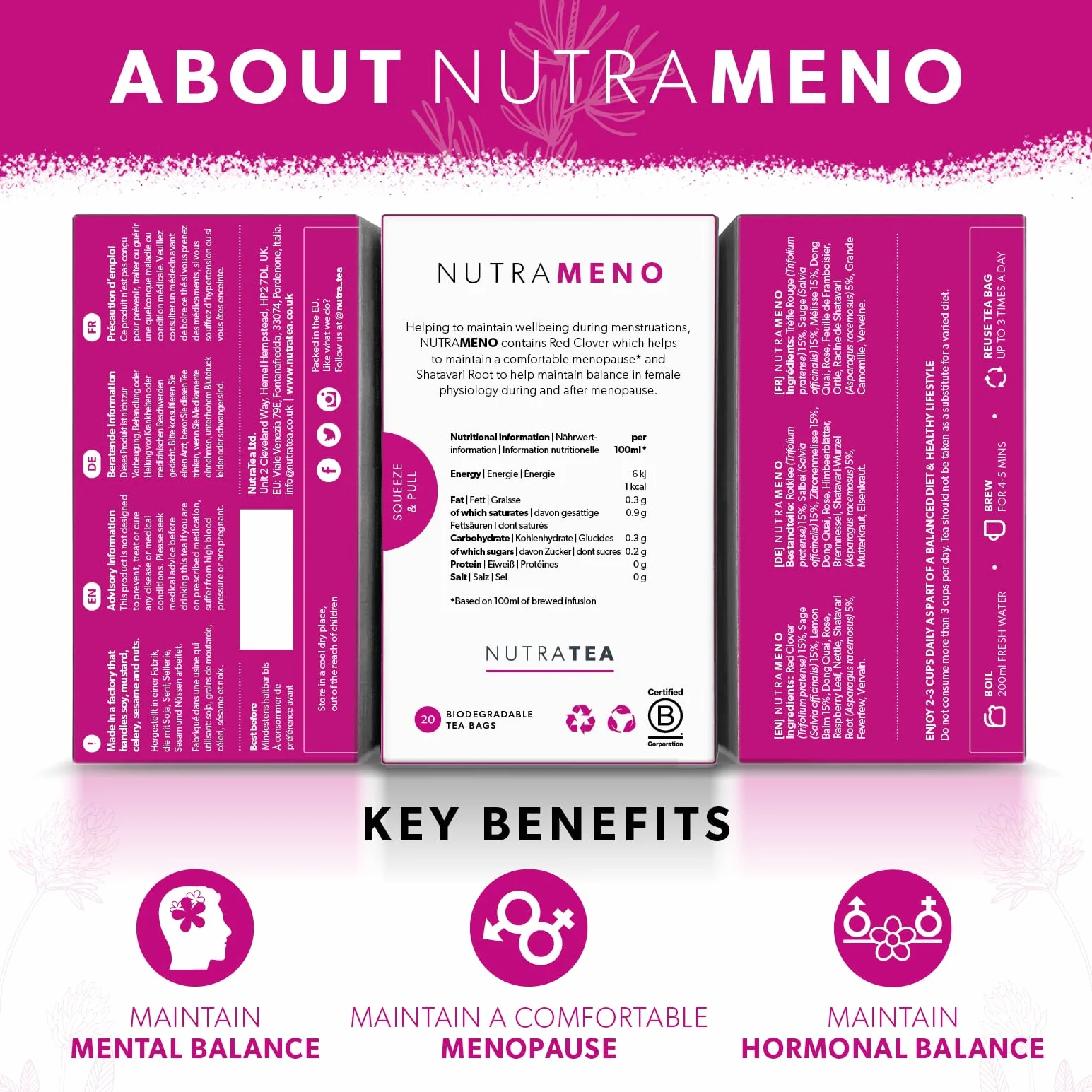 Nutra Tea NUTRAMENO Herbata menopauzowa, herbata z czerwonej koniczyny, ulga w okresie okołomenopauzalnym dla kobiet. Zawiera czerwoną koniczynę, szałwię i korzeń shatavari, 20 pojedynczo zapakowanych