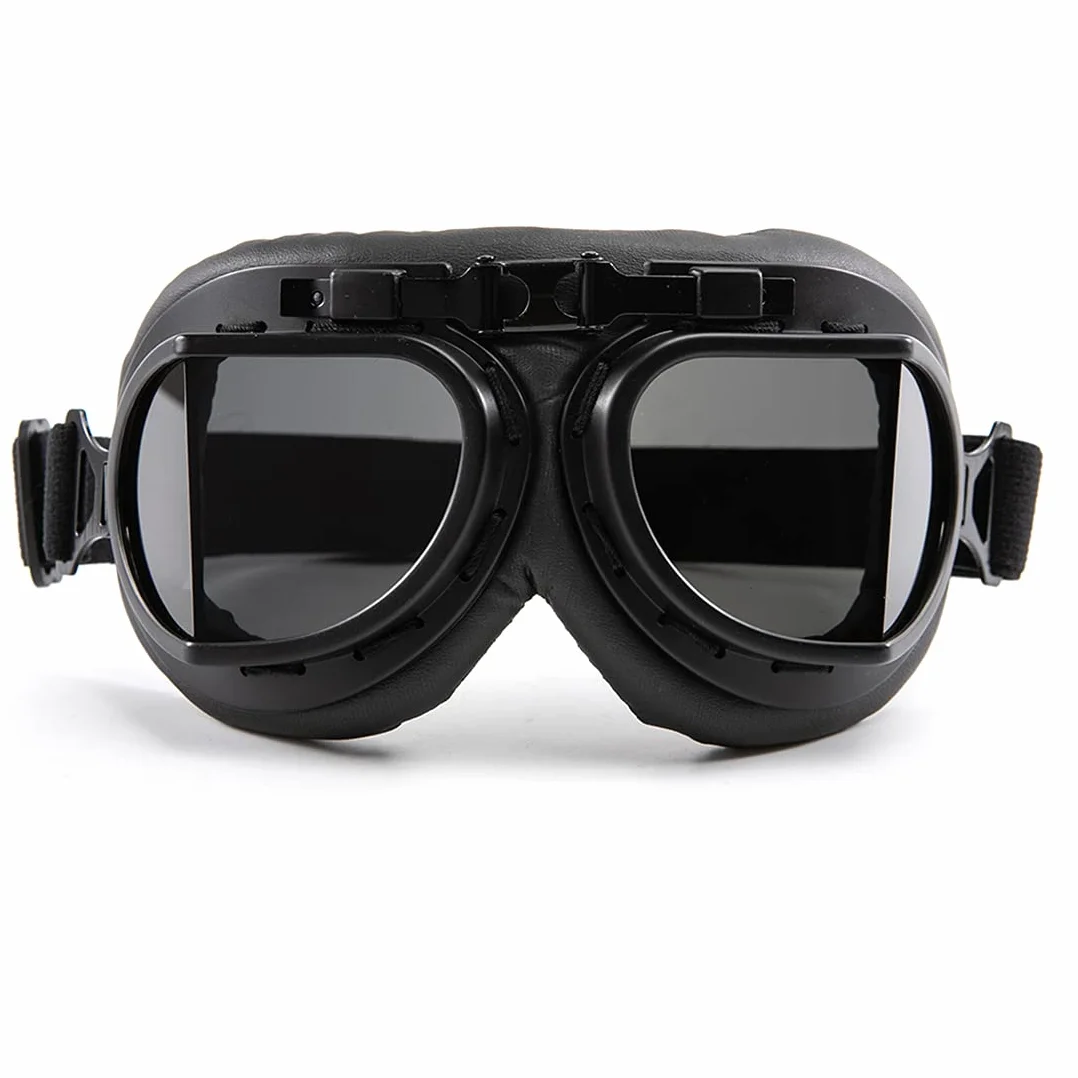 Okulary motocyklowe w stylu retro, ochrona oczu, skóra PU, dla mężczyzn i kobiet (czarna soczewka)