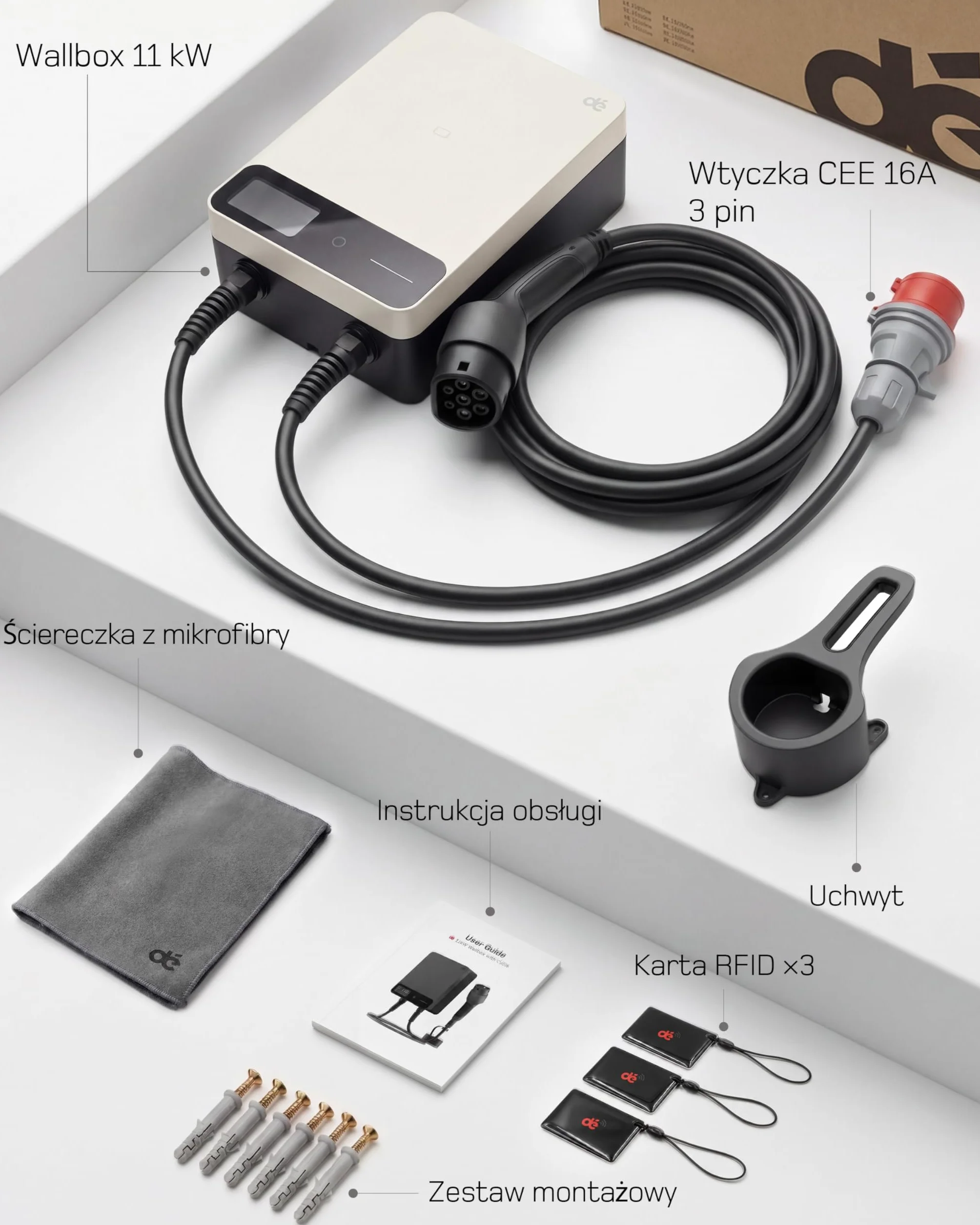 dé Skrzynka ścienna typu 2, 11 kW, z aplikacją i RFID, 6-16 A, 3-fazowa ładowarka EV, 400 V z kablem do ładowania 7 m i uchwytem na kabel do ochrony BEV/PHEV, RCD typu B i IP54, wydajna stacja