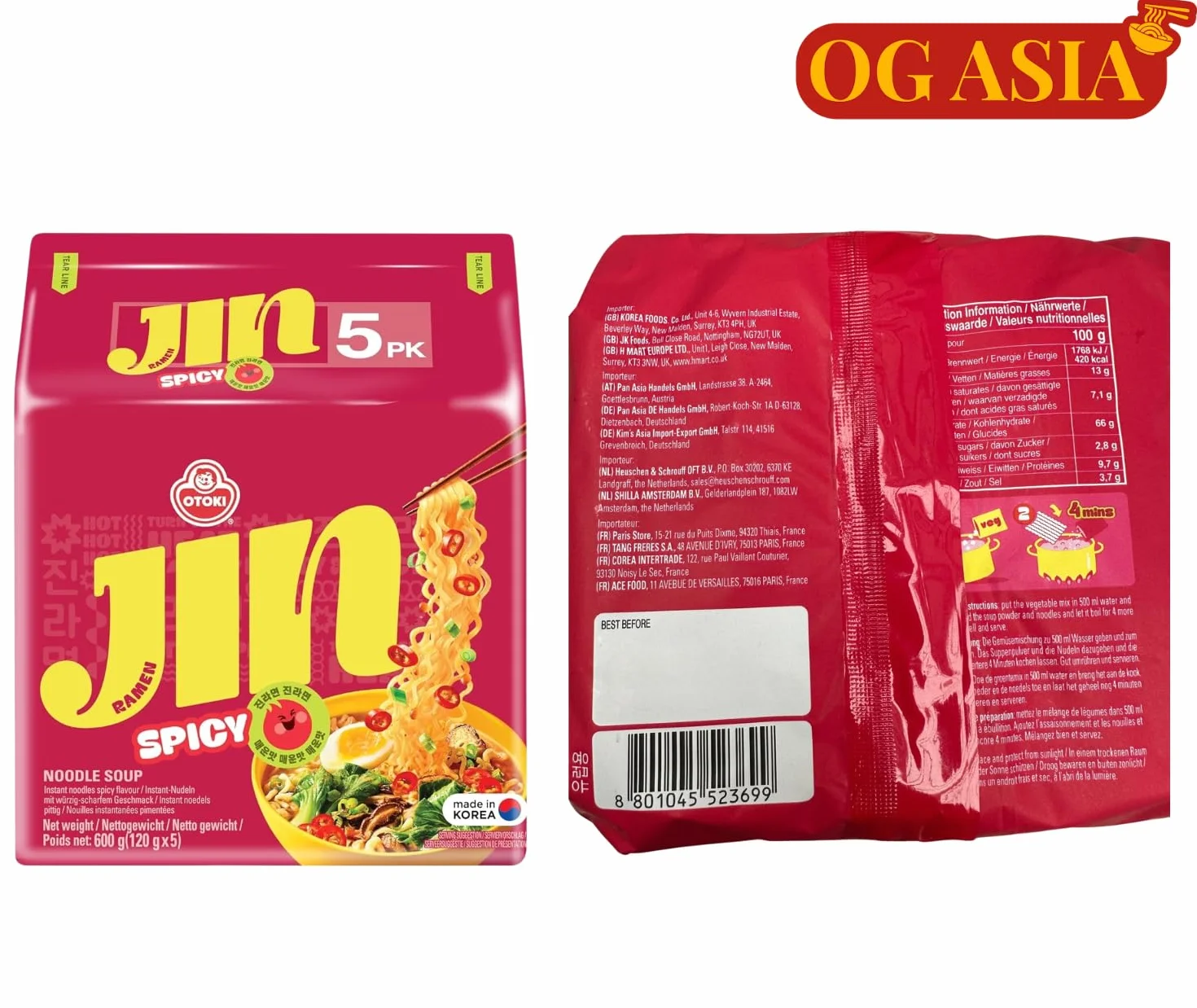 Ottogi Jin Ramen Spicy 5 szt. - makaron instant, ostry, autentyczny, koreański, 5 x 120 g, OG ASIA - 600 g