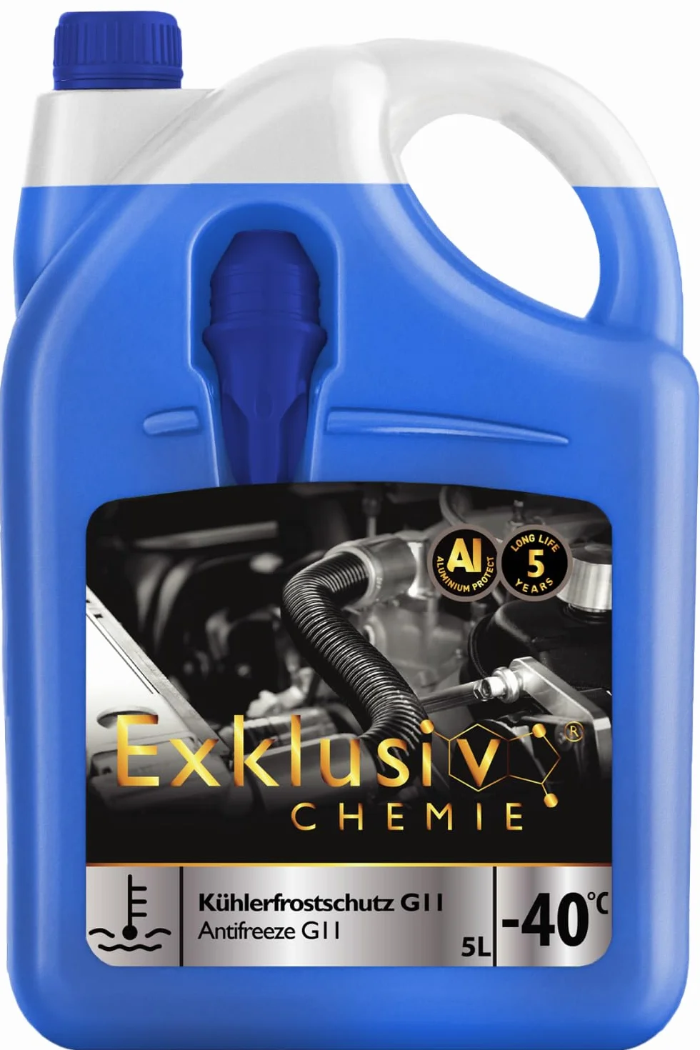 Exklusiv Chemie G11 Płyn chłodniczy do -40 °C – 5 litrów – 5 lat | Antifreeze do silnika | Płyn chłodzący G11 niebieski | Gotowy do użycia | z lejkiem do napełniania
