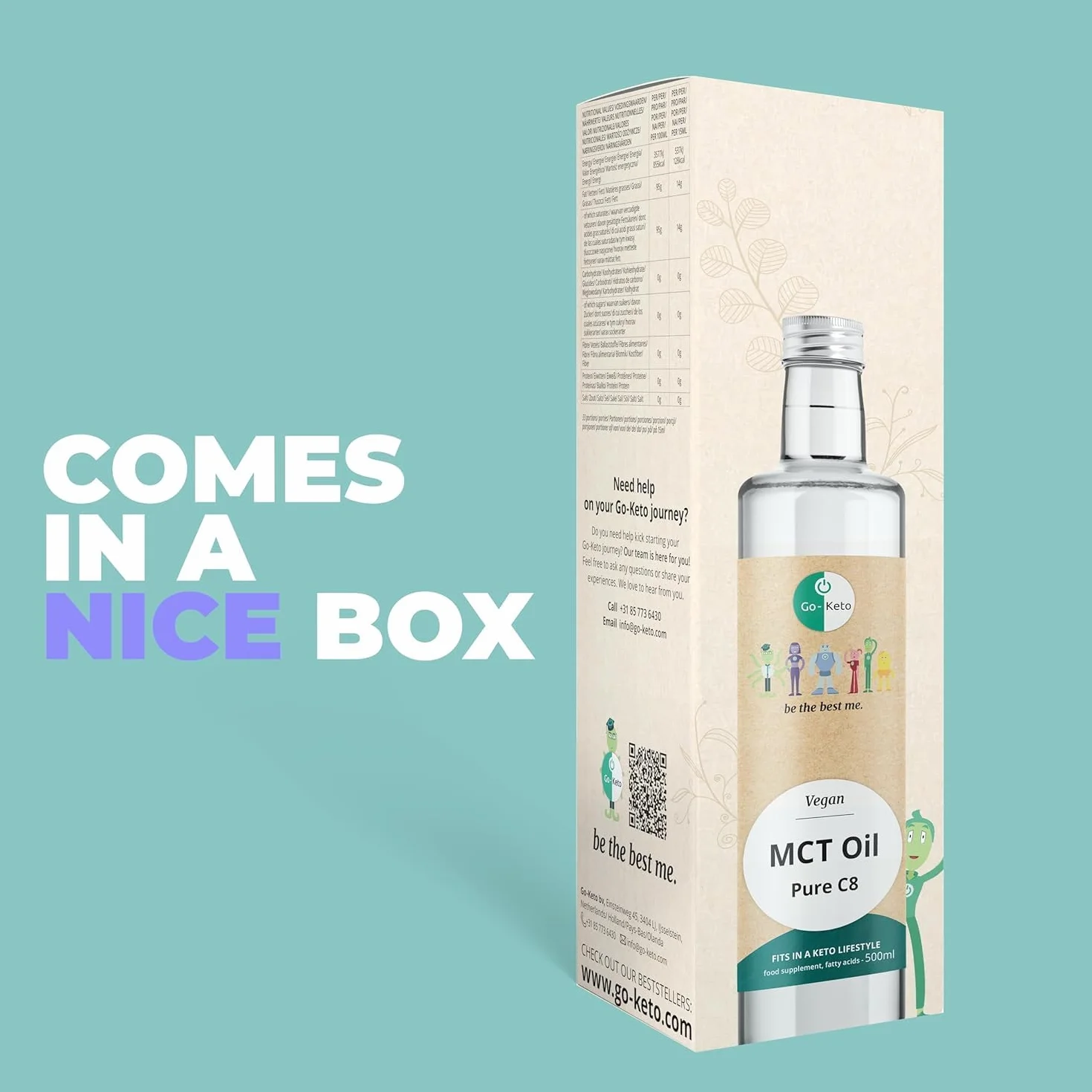 Go-Keto MCT Oil C8, 500 ml | Olej MCT C8, 100% olej kokosowy bez oleju palmowego | idealny do diety keto | idealny do kawy Bulletproof Coffee lub keto shake'a | wegański, no sugar