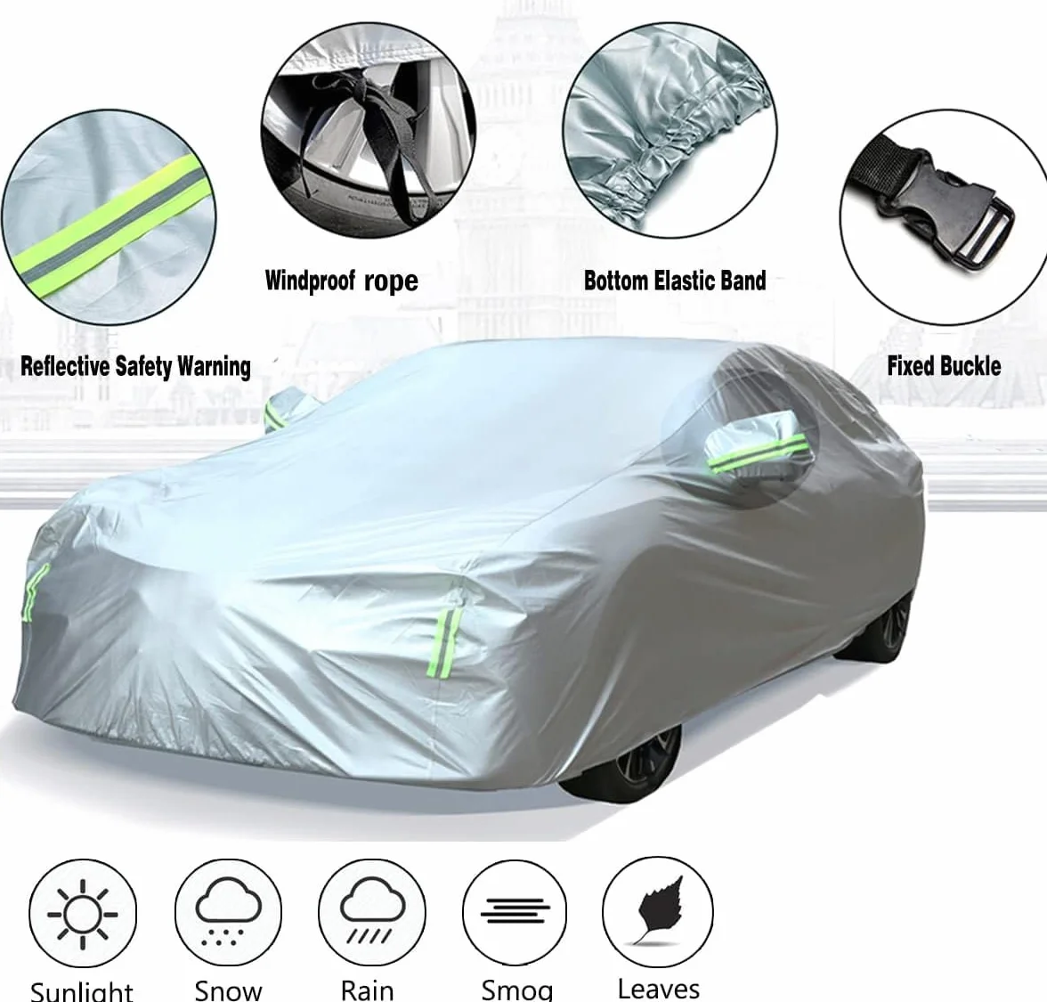 Pokrowce Samochodowe Wodoodporne, Zewnętrzne, na Każdą Pogodę, Wiatroodporne, Odporne na śnieg, z Ochroną UV, Pokrowiec Samochód pasujące do Hatchback; Rozmiar XL: MAX 177in/450cm