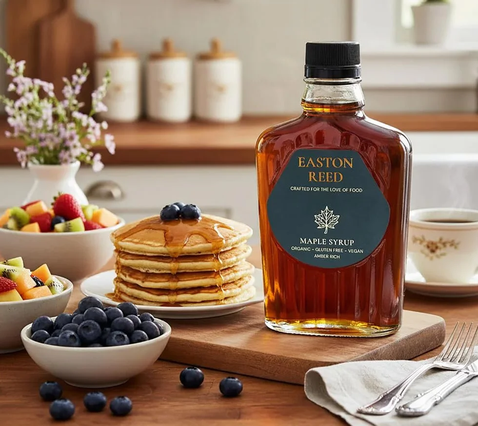 Easton Reed Syrop Klonowy Bio Klasa A Amber Rich 250ml – Kanadyjski Syrop Klonowy z Quebecu – Wegański Zamiennik Cukru do Naleśników i Marynat – Szklana Butelka, Bursztynowy Kolor
