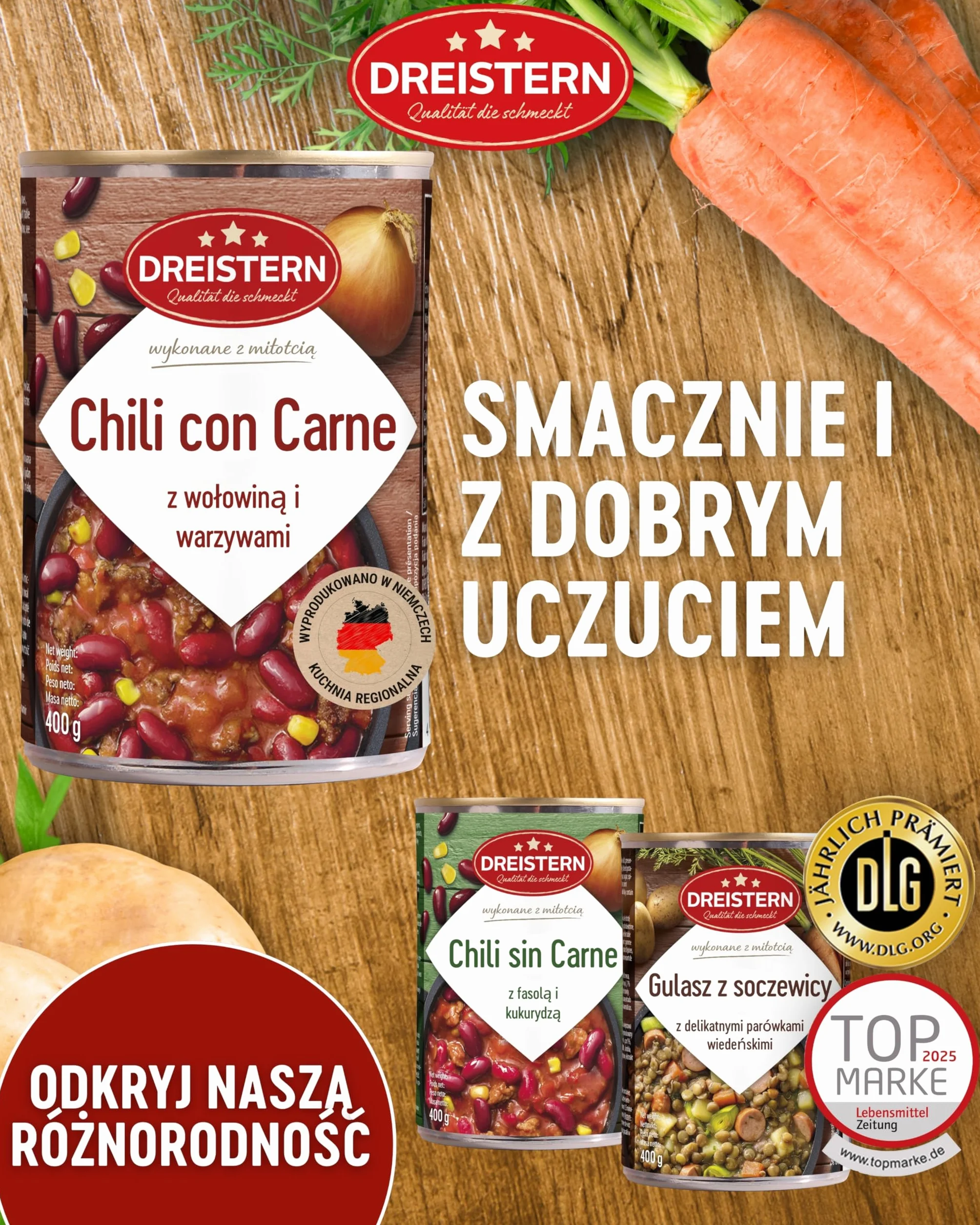 DREISTERN Chili con Carne z Wołowiną i Warzywami, Gotowy Posiłek, Chili w Blaszanym Pudełku, Jakość, Która Dobrze Smakuje