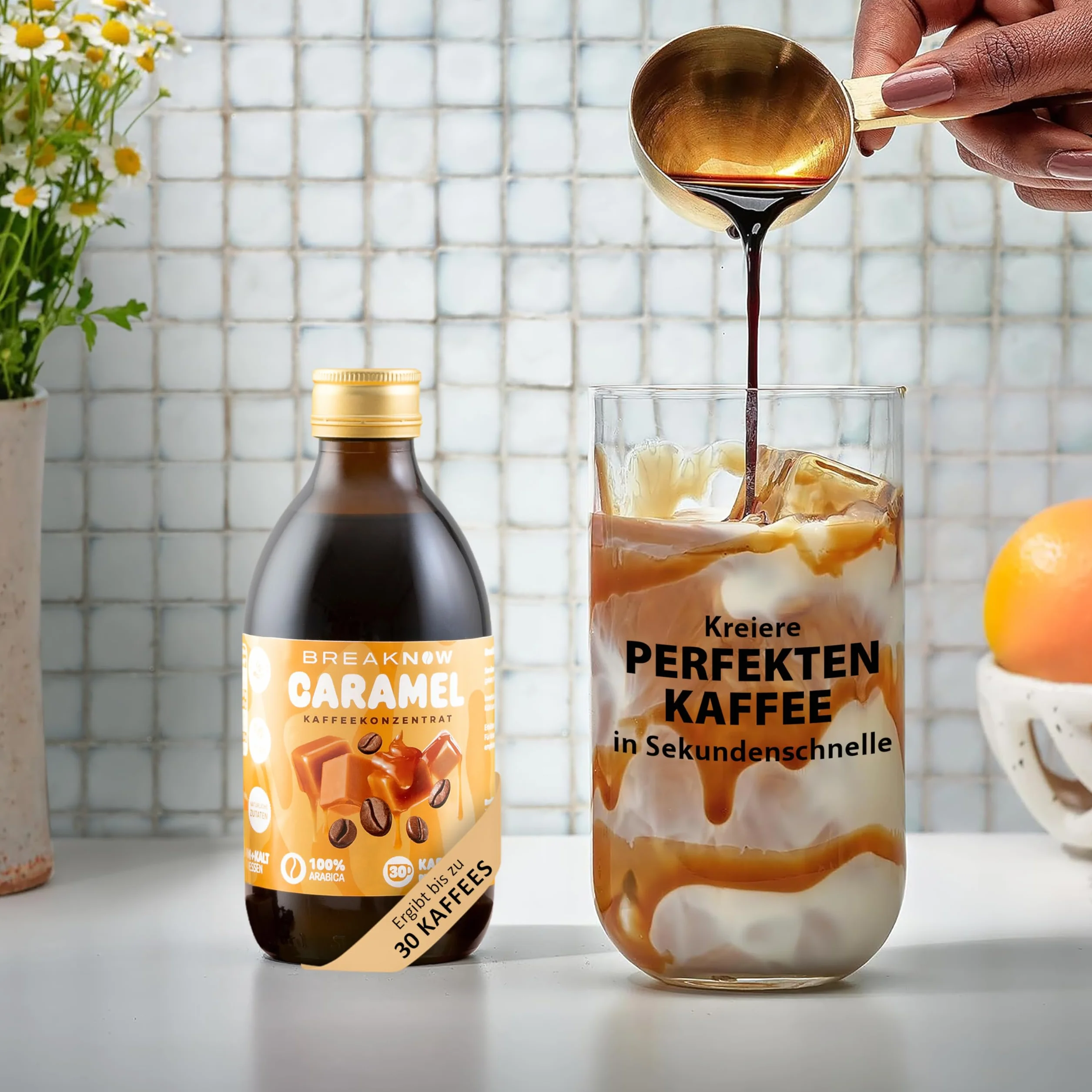 BreakNow – Caramel Macchiato – koncentrat kawy – o pysznym karmelowym aromacie – syrop kawowy, do kawy mrożonej, Cold Brew, Cappuccino, Frappé itd. – kawa gotowa w zaledwie 10 sekund – 1 butelka = 30