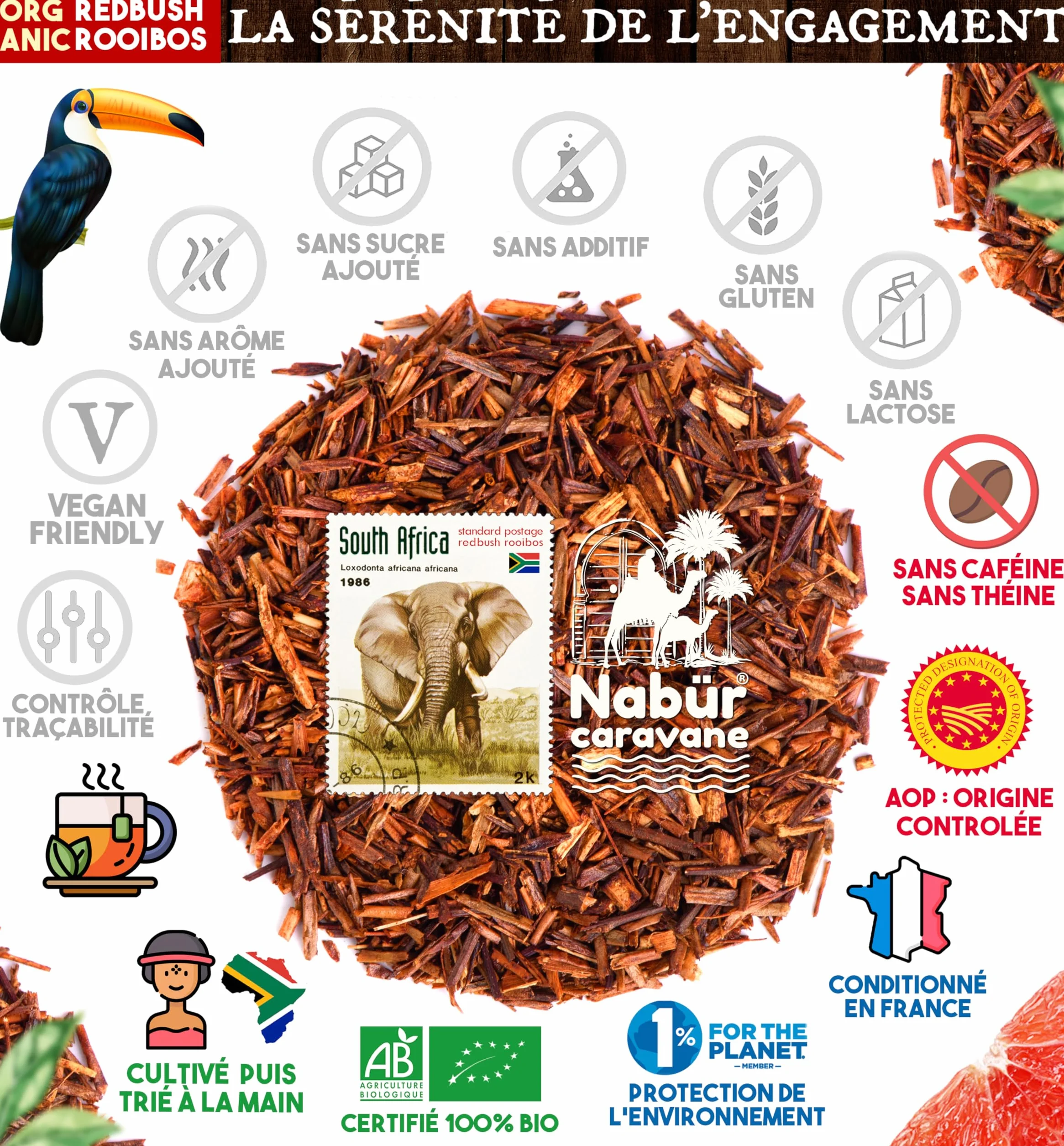 Nabür - Rooibos Rouge BIO 1kg | Thé Rouge Antioxydant | Sans Théine/Caféine | Doux, Relaxant, Riche (1000gr)