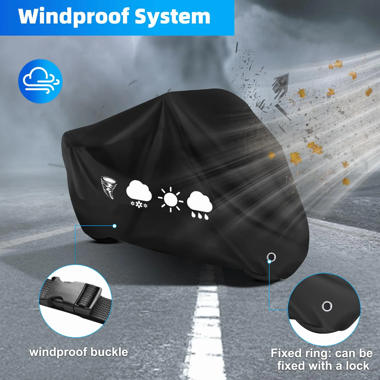 Plandeka ochronna na motocykl, z otworem na zamek, wodoszczelna, odporna na promieniowanie UV, do motorowerów, skuterów, enduro / dróg, akcesoria do motocykli, 245 x 105 x 125 cm