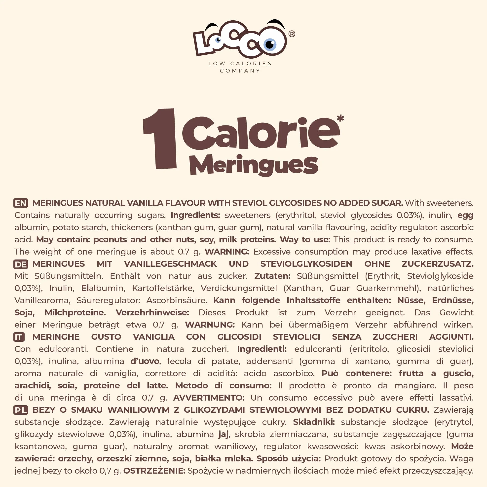 LoCCo Bezy Bez Cukru 1 kcal Wanilia - Niskokaloryczna Przekąska Keto ze Stewią, Low Carb, Wysoka Zawartość Błonnika i Białka, Odpowiednie dla Diabetyków