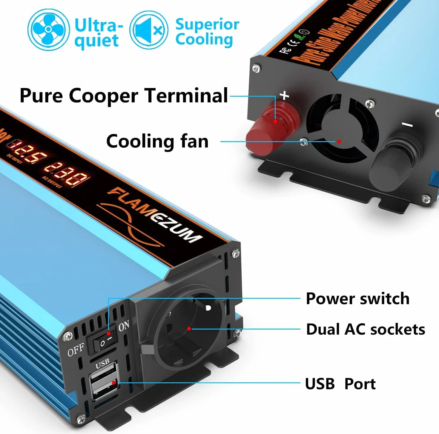 FLAMEZUM 1000W Przetwornica 12V na 230V Czysta Sinusoida - Przetwornica Napięcia Samochodowego Przetwornica Przetwornica z 1 Gniazdem EU i 2 Portami USB 3,4A 5V