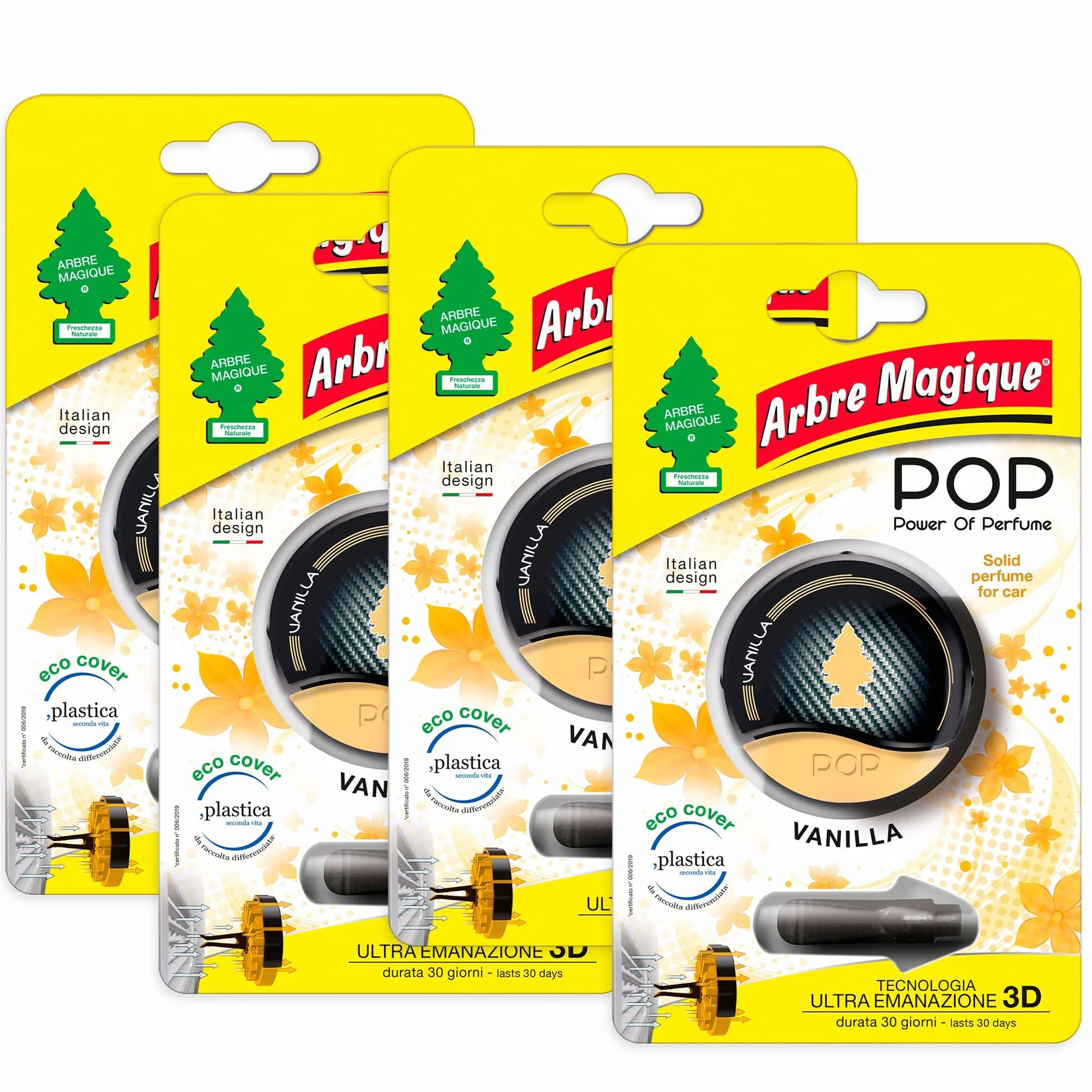 Arbre Magique POP, solidny zapach do samochodu, zapach wanilii, słodki i delikatny zapach, trwały do 30 dni, włoski design, 4 sztuki