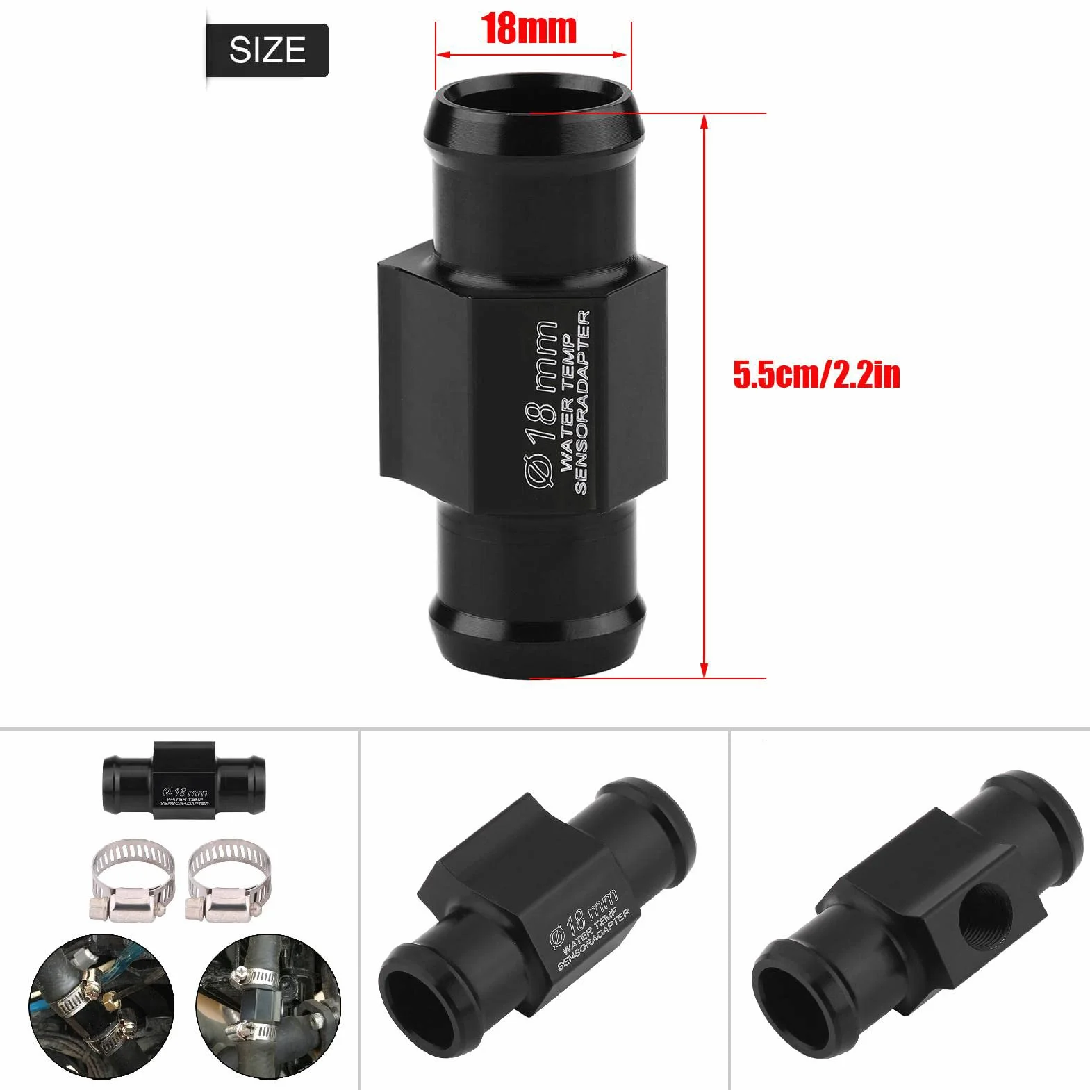 Czarny adapter temperatury wody, uniwersalny motocykl temperatura wody złącze temperatury wody wąż czujnik czujnik adapter (18 mm)