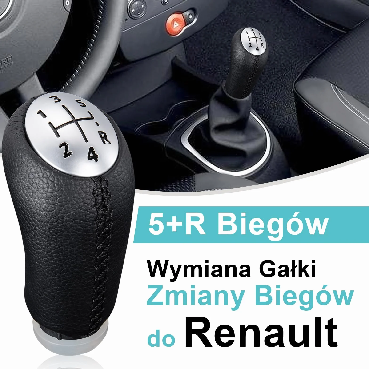 Gałka dźwigni zmiany biegów Spurtar do Renault Clio III 2005-09 czarna skóra z adapterem