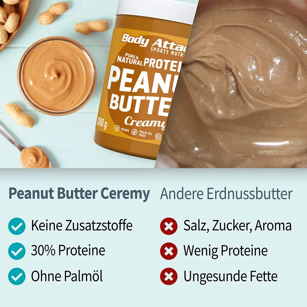 Body Attack Protein Peanut Masło, 1 kg, Creamy, wegańskie, naturalne masło orzechowe bez soli i tłuszczu palmowego - niskocukrowy mus orzechowy z 30% białkiem