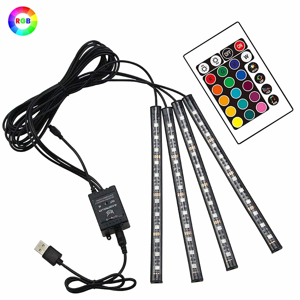 Oświetlenie wnętrza samochodu, 4 w 1, wodoodporne akcesoria LED do samochodu RGB taśmy LED dekoracja samochodu z muzyką aktywowaną dźwiękiem i pilotem zdalnego sterowania, idealne prezenty (RGB)