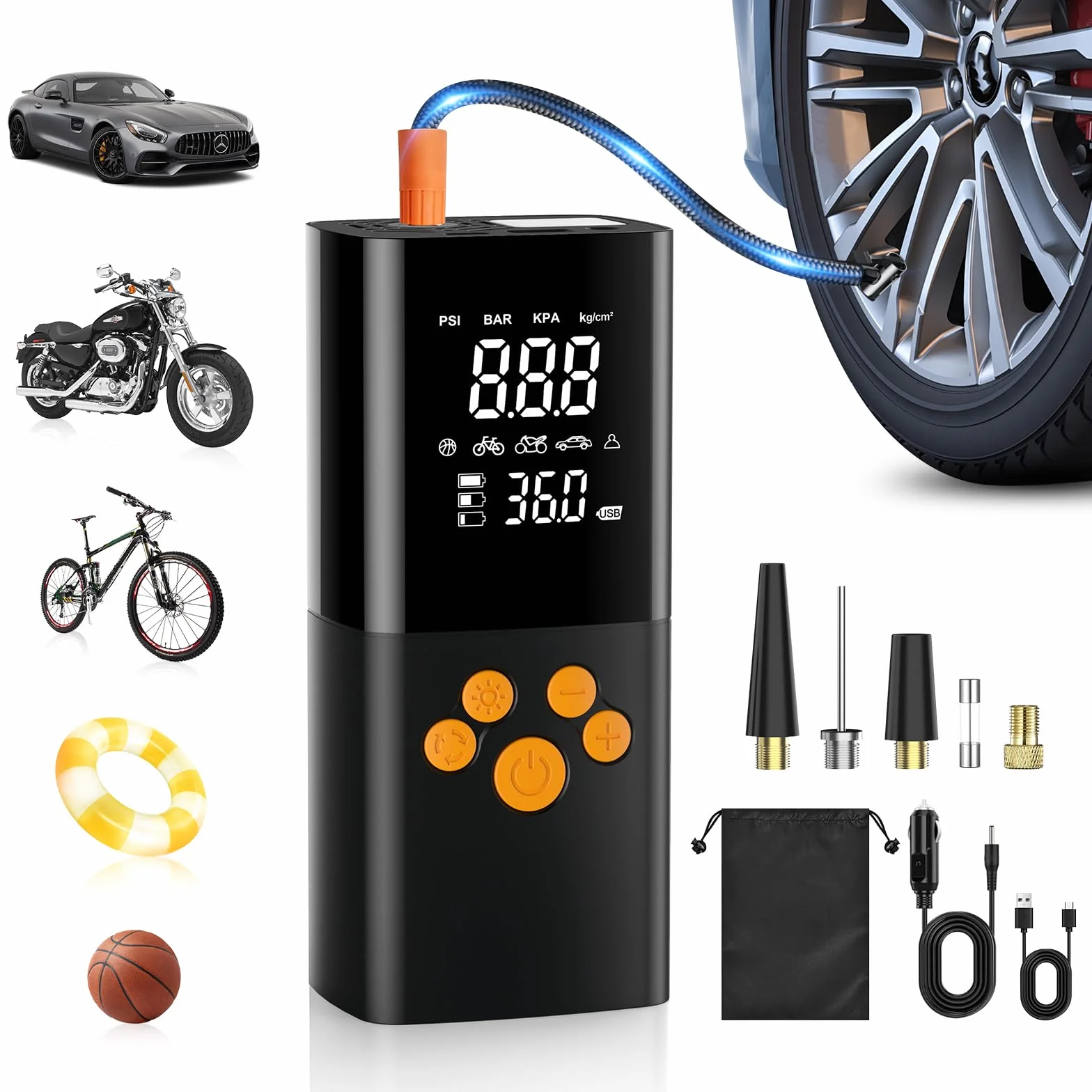 Elektryczna pompka powietrza, przenośna pompka powietrza z akumulatorem 10 000 mAh, 150 psi, z manometrem, akumulatorem LED, z USB/LED do samochodu, roweru, motocykla
