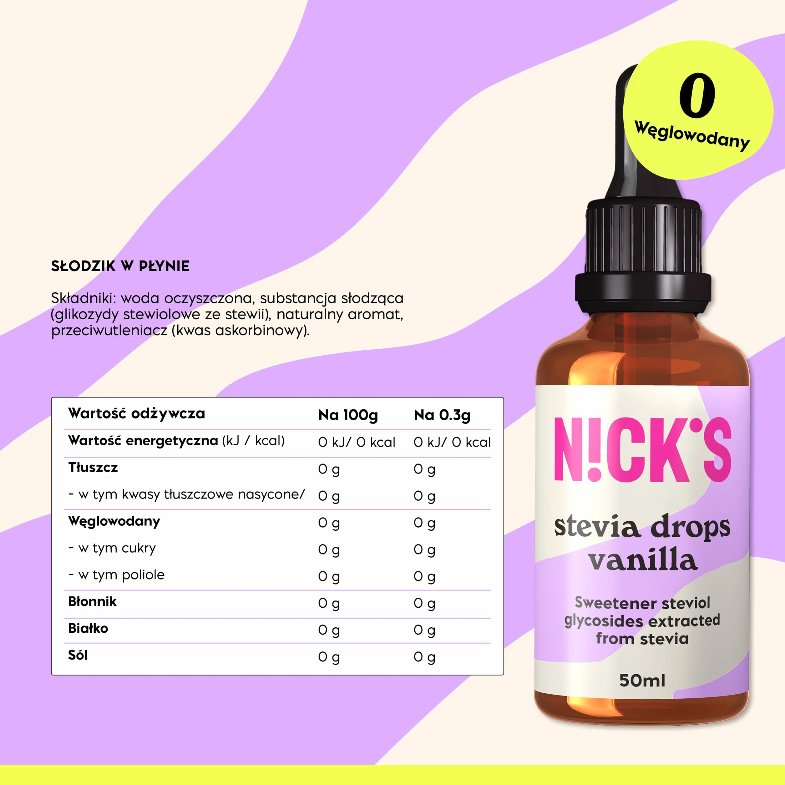 NICKS naturalne krople stewii waniliowy płynny słodzik 50 ml bez cukru zero kalorii keto