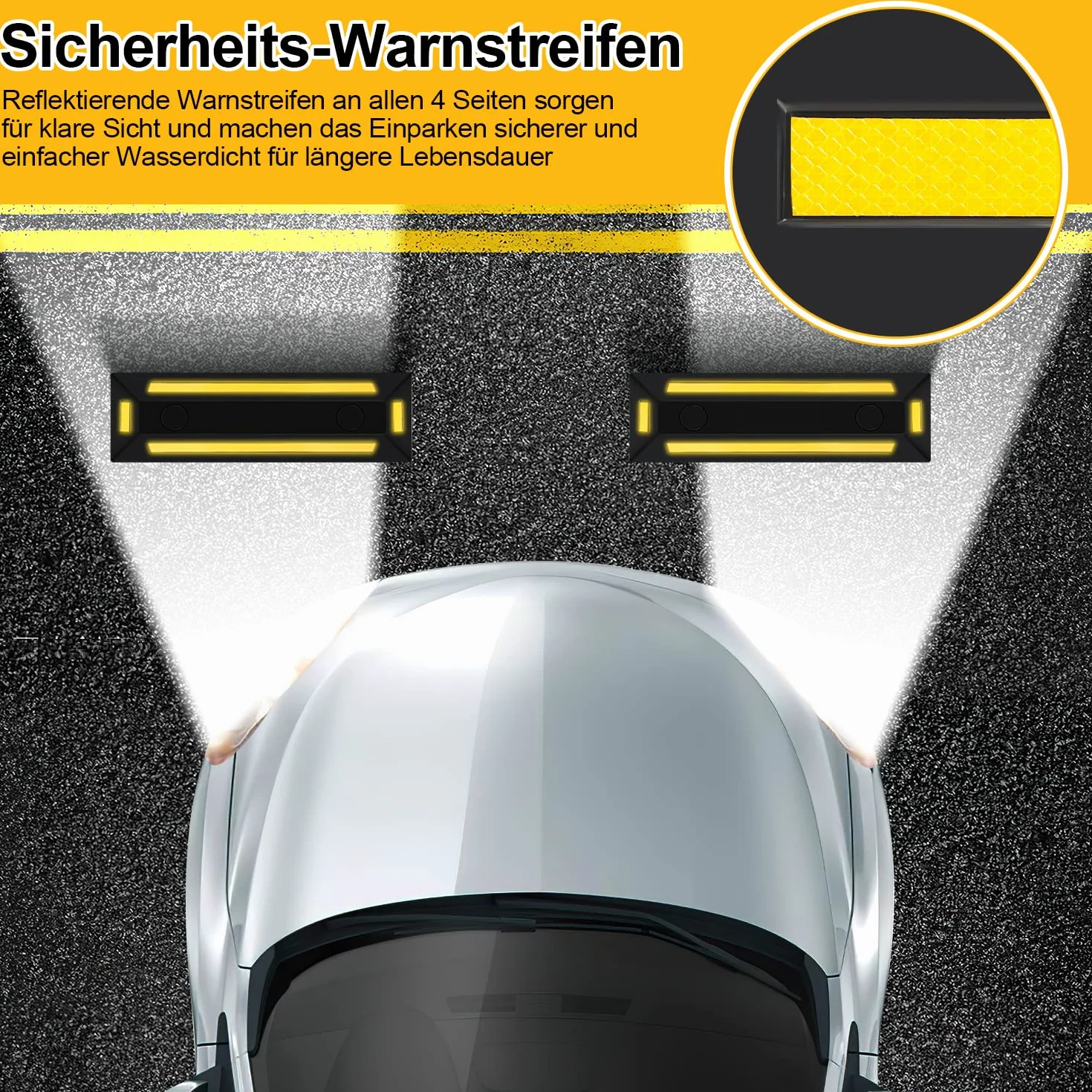 Sonnewelt 4 x gumowy stoper do kół, 54 x 15 x 10 cm, ogranicznik miejsca parkingowego, z żółtymi paskami odblaskowymi, stoper parkingowy ze śrubą rozszerzającą, blokada parkingu do parkingu, garażu,