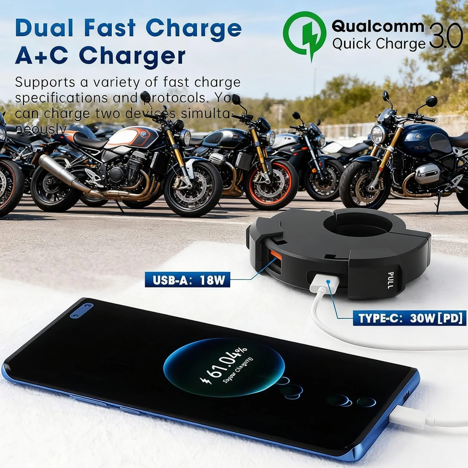 Motocyklowa ładowarka USB 48 W, 2 porty (QC3.0 18 W + PD3.0 30 W), IP65, gniazdo USB C 12-24 V – szybkie ładowanie w podróży i podczas przygód / na co dzień / na zewnątrz – kompatybilna z telefonami