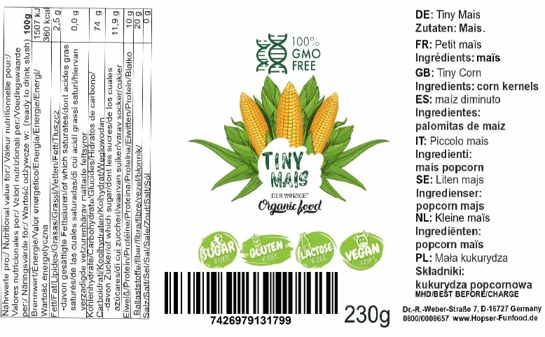 Popcorn Tiny Mais malutki mały 230 g mini ziaren kukurydzy Popcorn corn