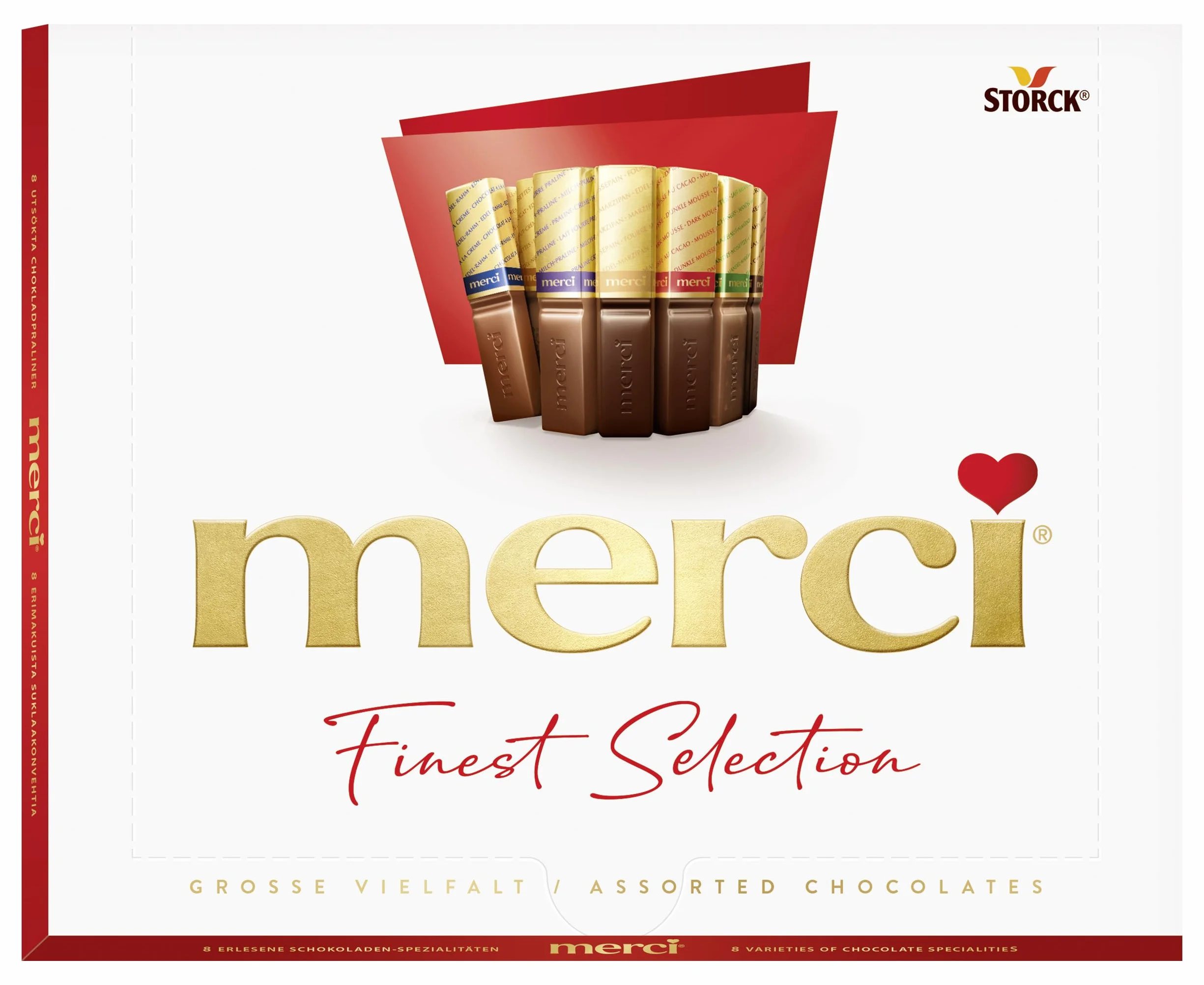 Merci Finest Selection Pudełko czekoladek (1 x 250 g), wiele smaków, idealne do podarowania, 8 specjałów czekoladowych, nadziewane i bez nadzienia, bez glutenu