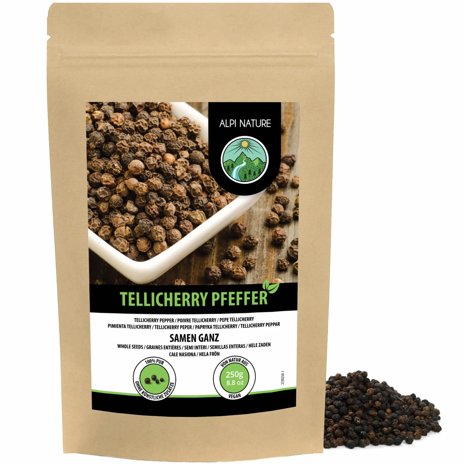 Alpi Nature Czarny Pieprz Tellicherry 250g, Całe Suszone Ziarna Czarnego Pieprzu Tellicherry
