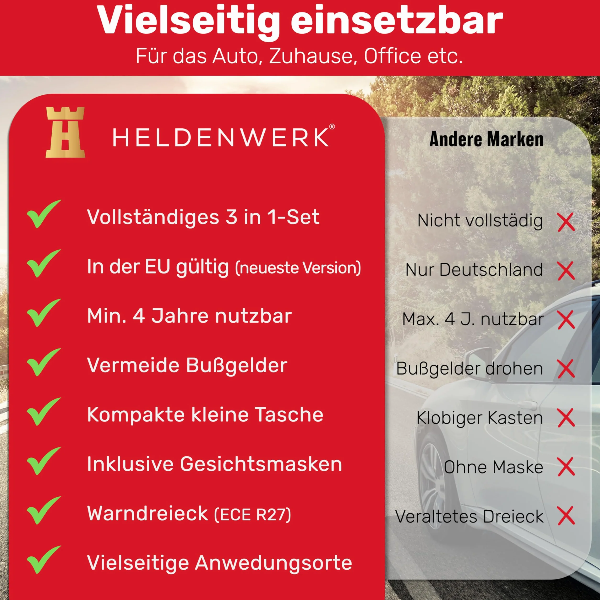 Zestaw pierwszej pomocy kombi (3 w 1) zgodnie z aktualną normą 2026 – W zestawie trójkąt ostrzegawczy, kamizelka odblaskowa – Zestaw pierwszej pomocy, trójkąt ostrzegawczy, apteczka samochodowa DIN