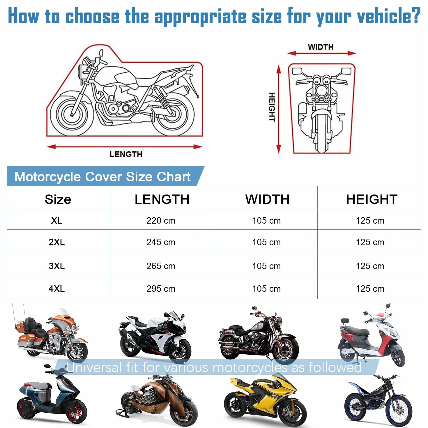 VANSHEIM Pokrowiec na motocykl, wodoodporny Pokrowiec na motocykl na zewnątrz, tkanina Oxford 420D, Pokrowiec na motorower do użytku wewnątrz, wodoodporny, wiatroszczelny Pokrowiec na moped, Pokrowiec