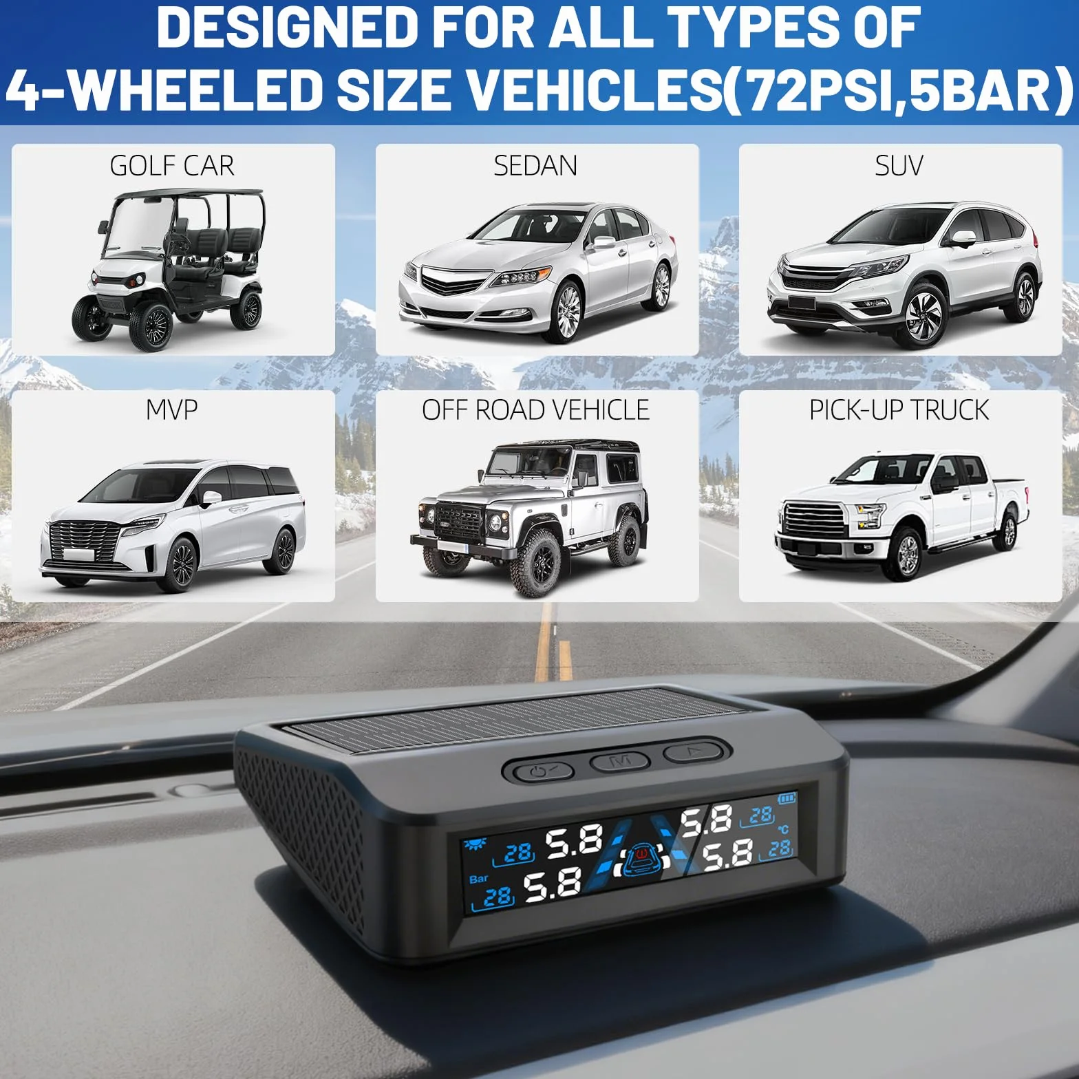 TPMS system monitorowania ciśnienia w oponach, ładowanie energią słoneczną/USB, alarmy w kabinie, alarmy temperatury, do kampera, sedana, SUV, MPV, przyczepy, motocykla itp., 4 czujniki