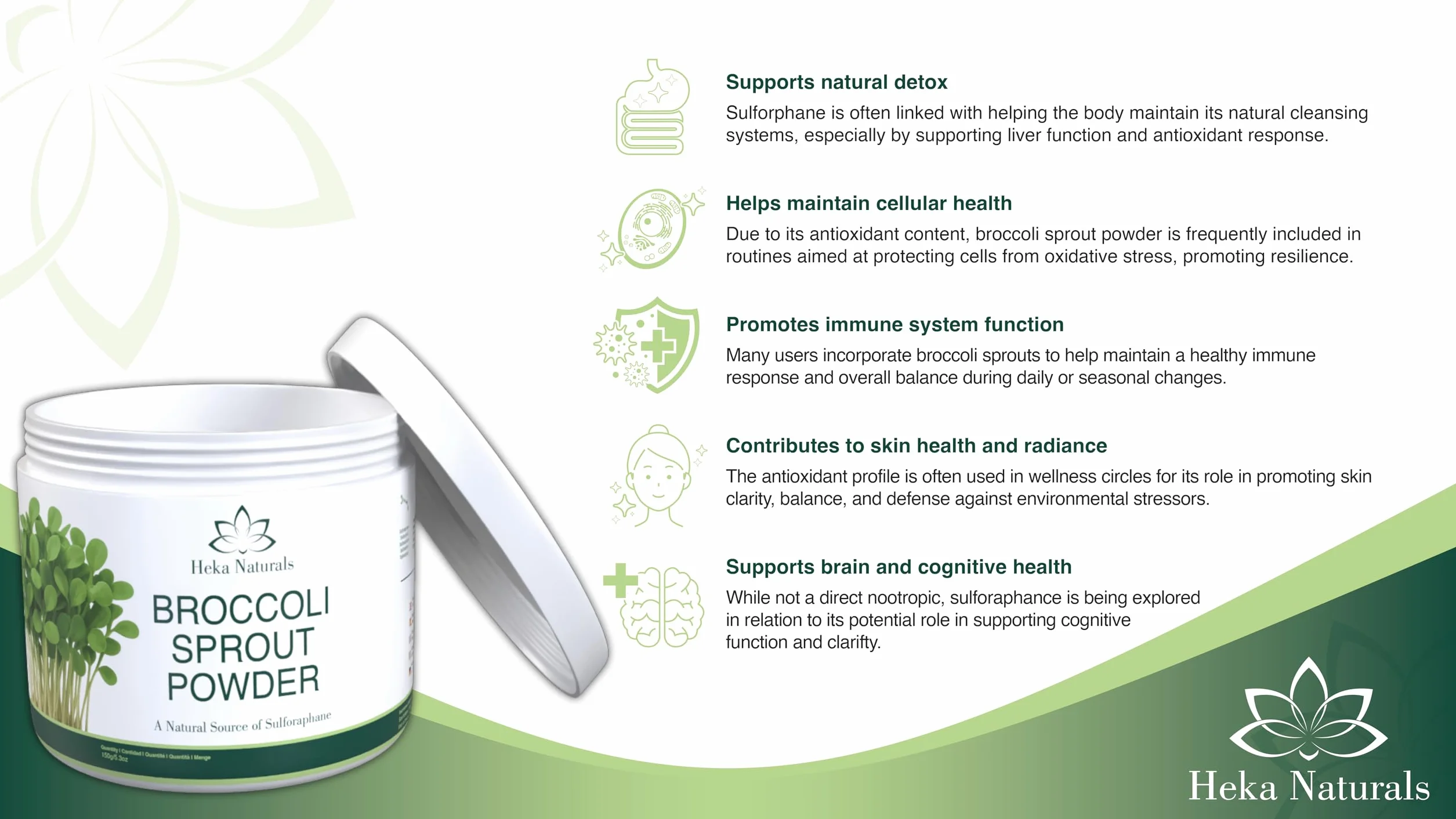 Heka Naturals Kiełki brokułów w proszku – 100% czysta superfood z kiełkujących nasion – sulforafan, wegański, wolny od inżynierii genetycznej i dodatków (małe (150 g))