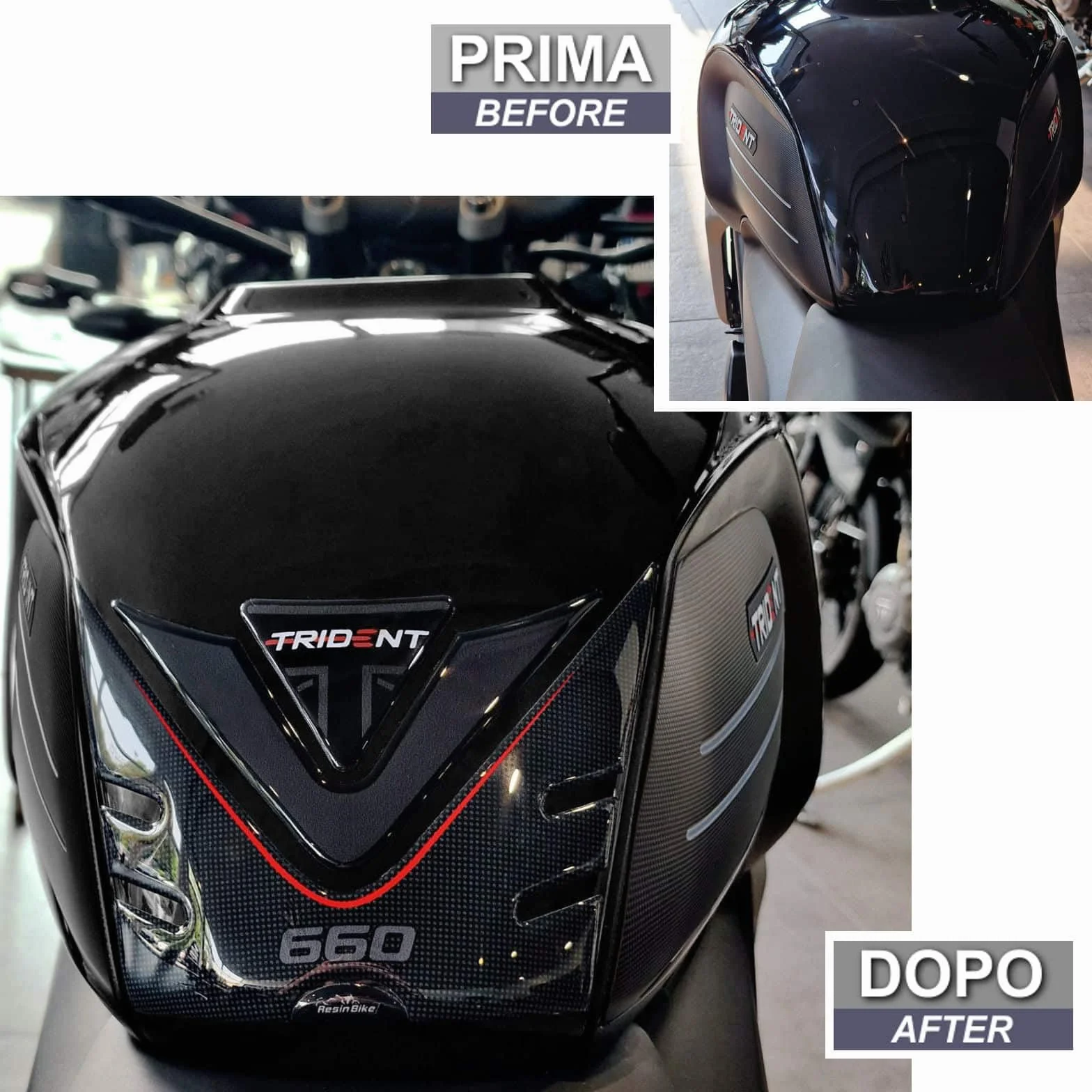 Resin Bike Naklejki Moto kompatybilne z Triumph Trident 660 2021-2025. Chronią Podkładka zbiornika przed uderzeniami i zadrapaniami. Naklejki żywiczne z efektem 3D - wyprodukowane we Włoszech
