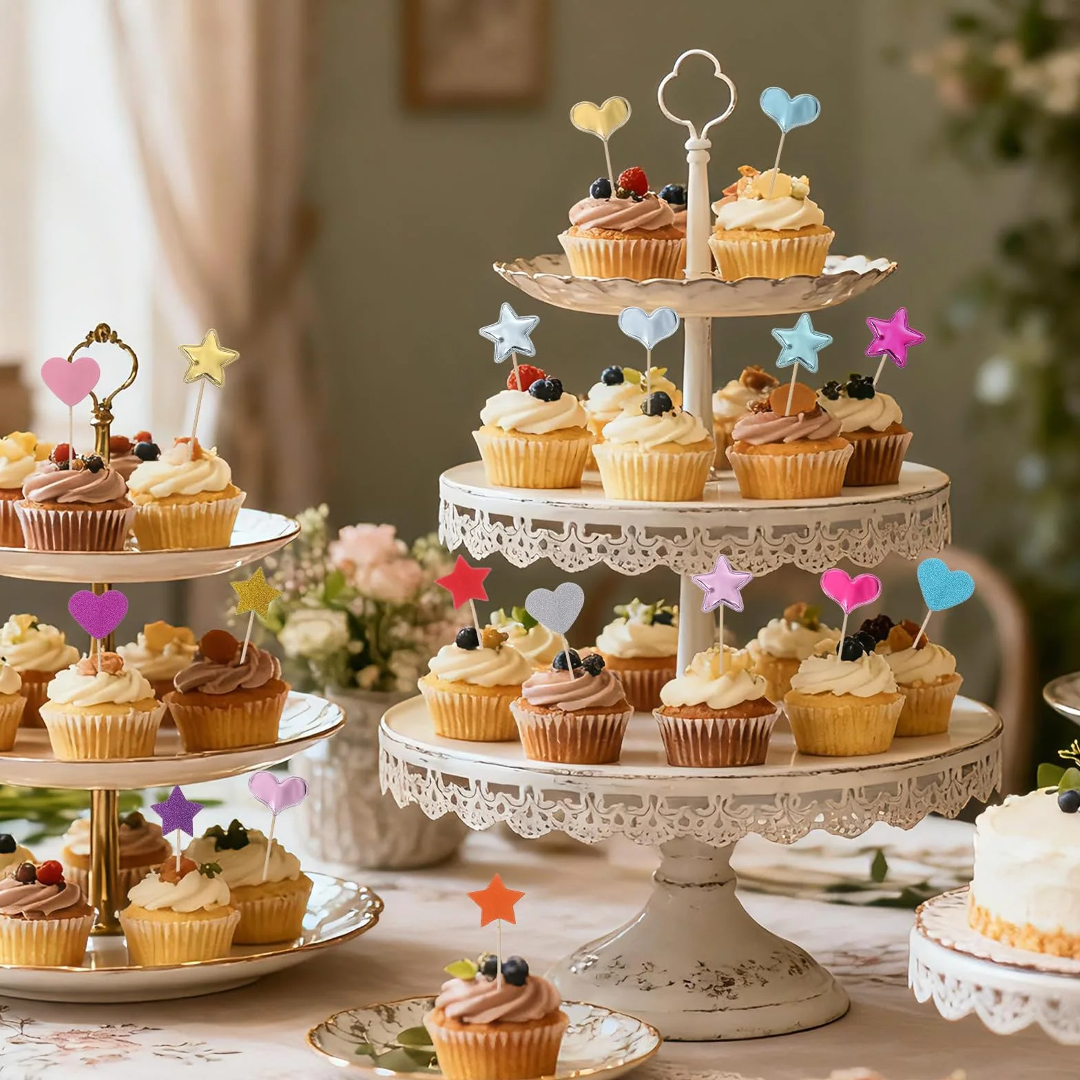 30 szt. brokatowych patyczków do babeczek w kształcie serca, kolorowe ozdoby na tort w kształcie serca i gwiazdy, urocze dekoracje imprezowe na urodziny, baby shower, artykuły imprezowe