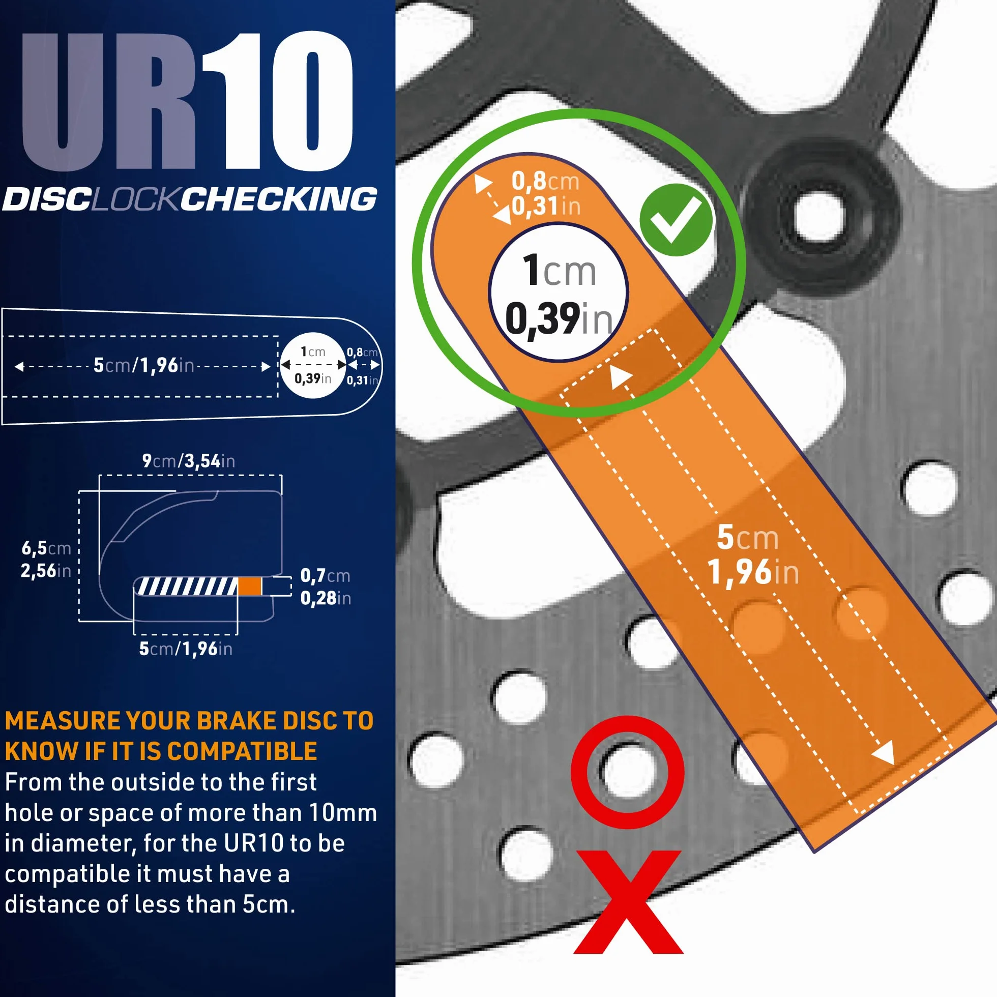 Urban UR10 Blokada Dysku Alarmowego Anti-Theft Disc Lock z alarmem 120 dB + ostrzeżenie, certyfikat High Security CLASSE SRA, wałek 10 mm, wyprodukowano w UE