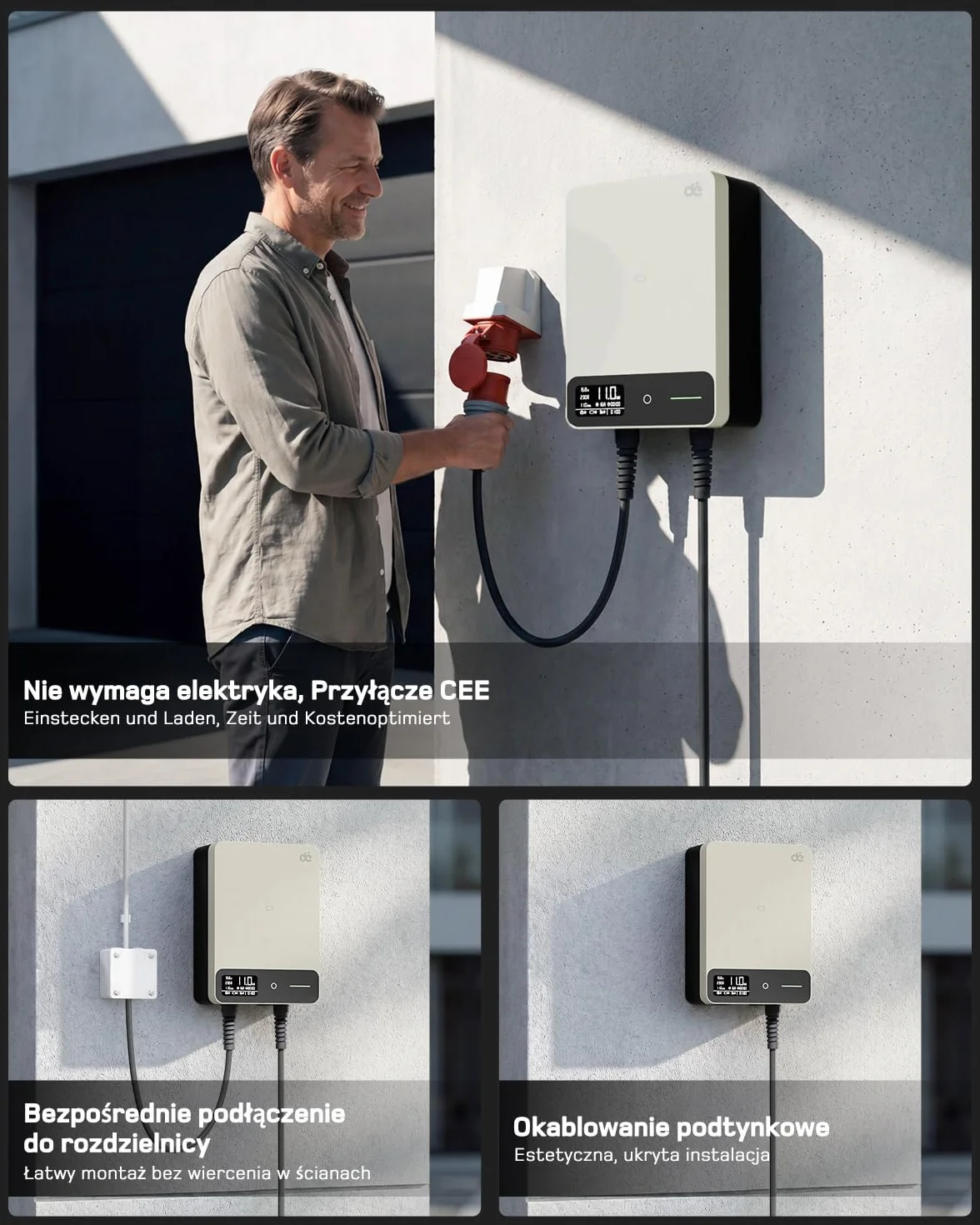 dé Skrzynka ścienna typu 2, 11 kW, z aplikacją i RFID, 6-16 A, 3-fazowa ładowarka EV, 400 V z kablem do ładowania 7 m i uchwytem na kabel do ochrony BEV/PHEV, RCD typu B i IP54, wydajna stacja